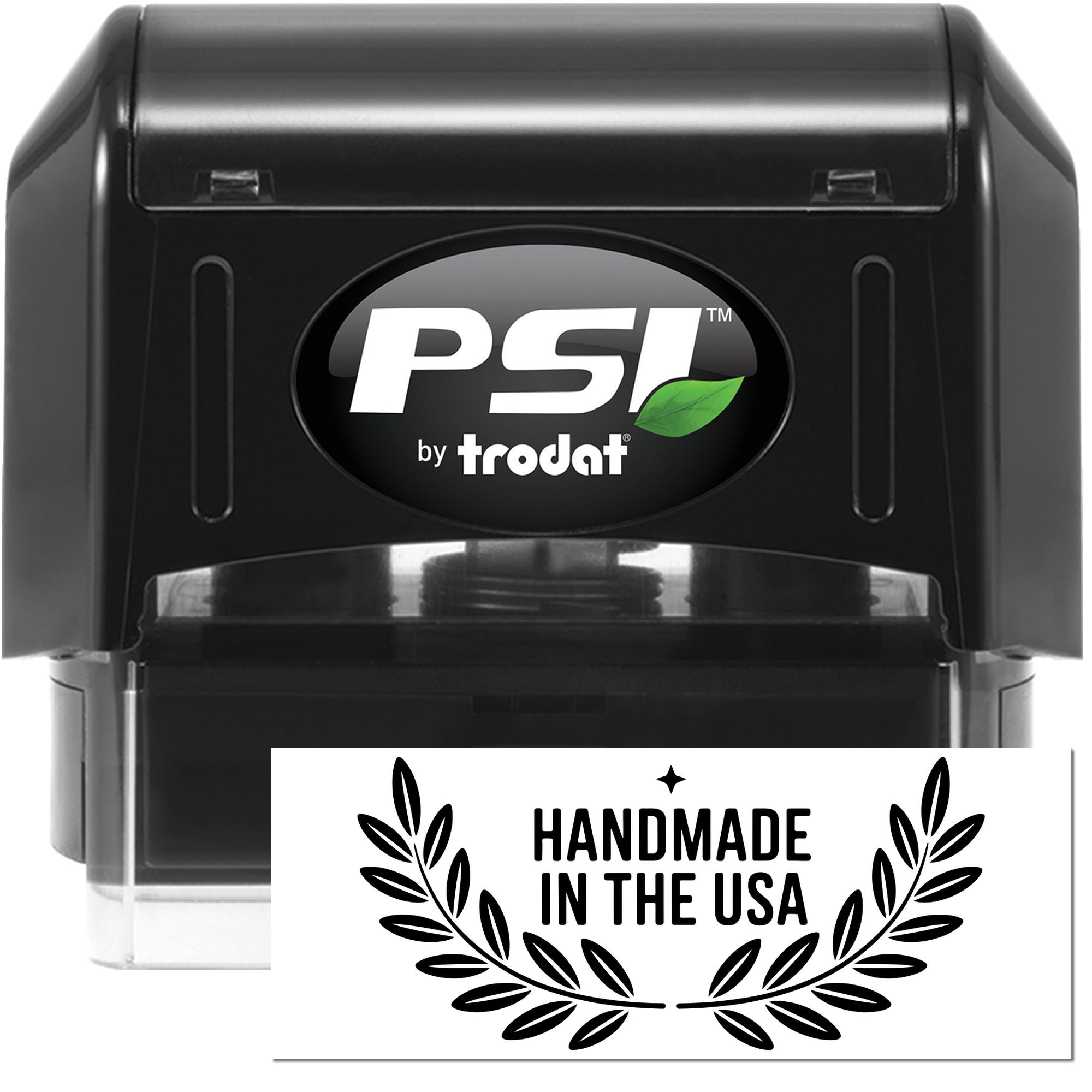 PSI by Trodat self-inking rubber stamp with Handmade in the USA laurel design for product packaging and craft branding.
