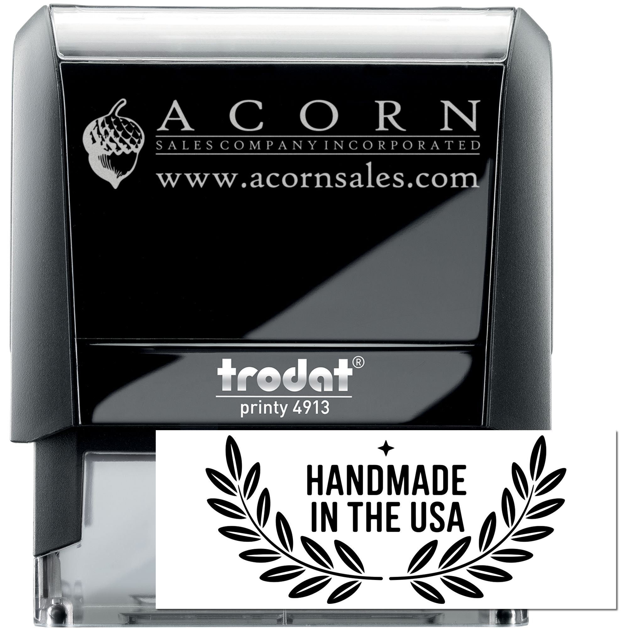 Trodat Printy 4913 custom self-inking rubber stamp with Acorn Sales logo and Handmade in the USA design.
