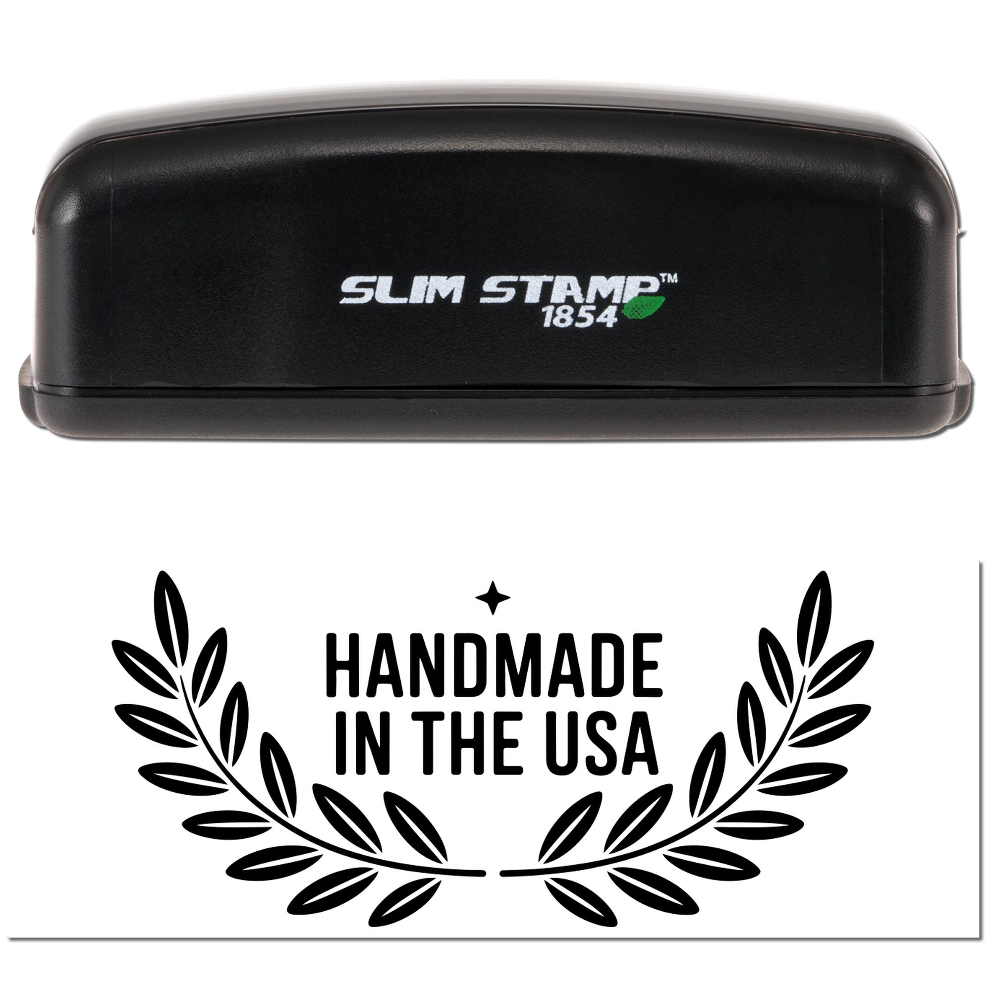 Slim Stamp 1854 self-inking rubber stamp with Handmade in the USA laurel design for packaging and crafts