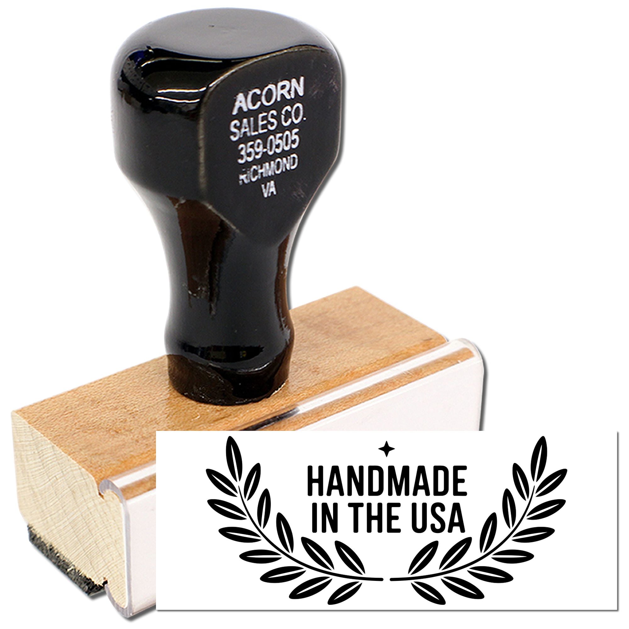 Custom Handmade in the USA rubber stamp with wooden handle for branding artisan products and packaging.