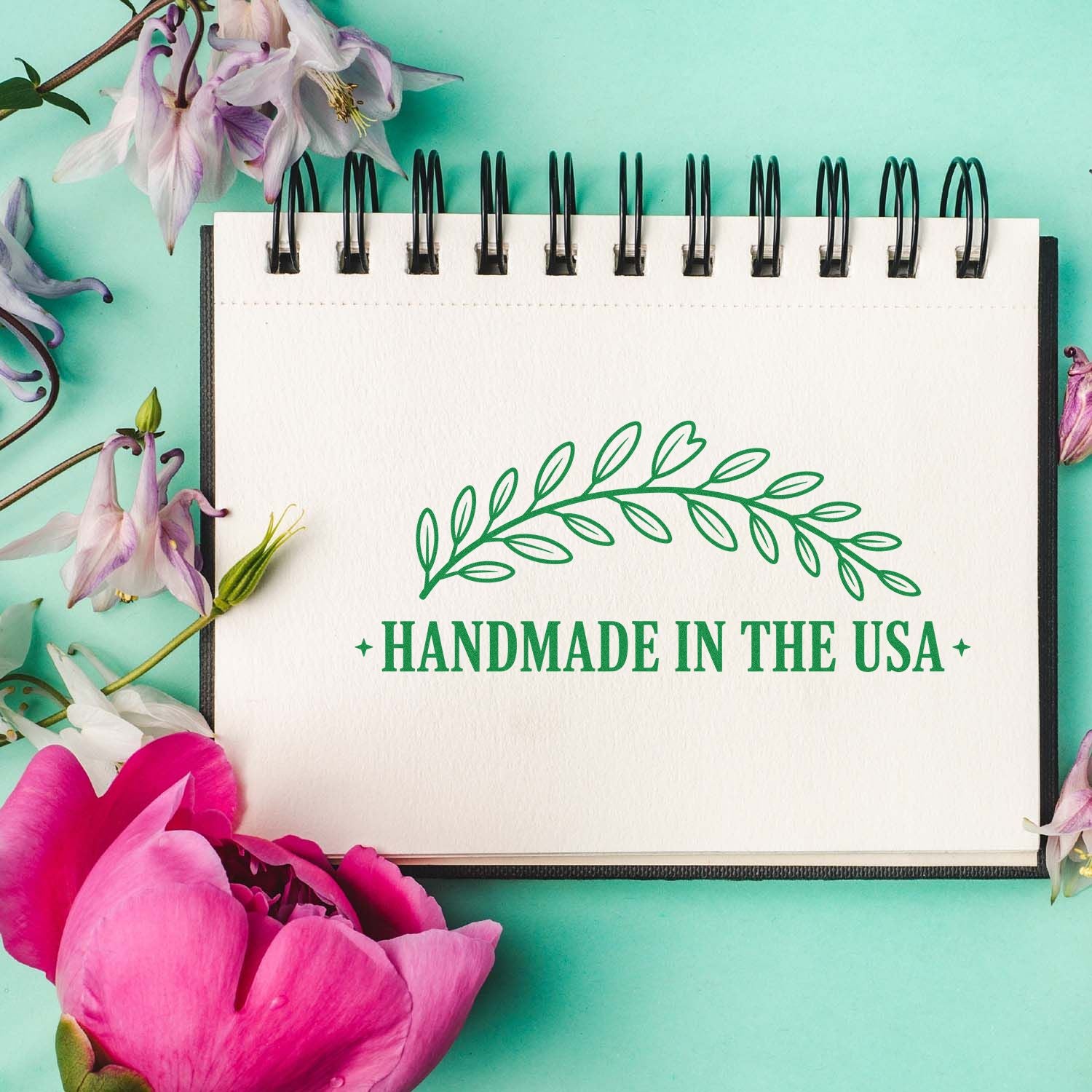 Handmade in the USA rubber stamp design with leaf wreath, ideal for branding handmade product packaging.