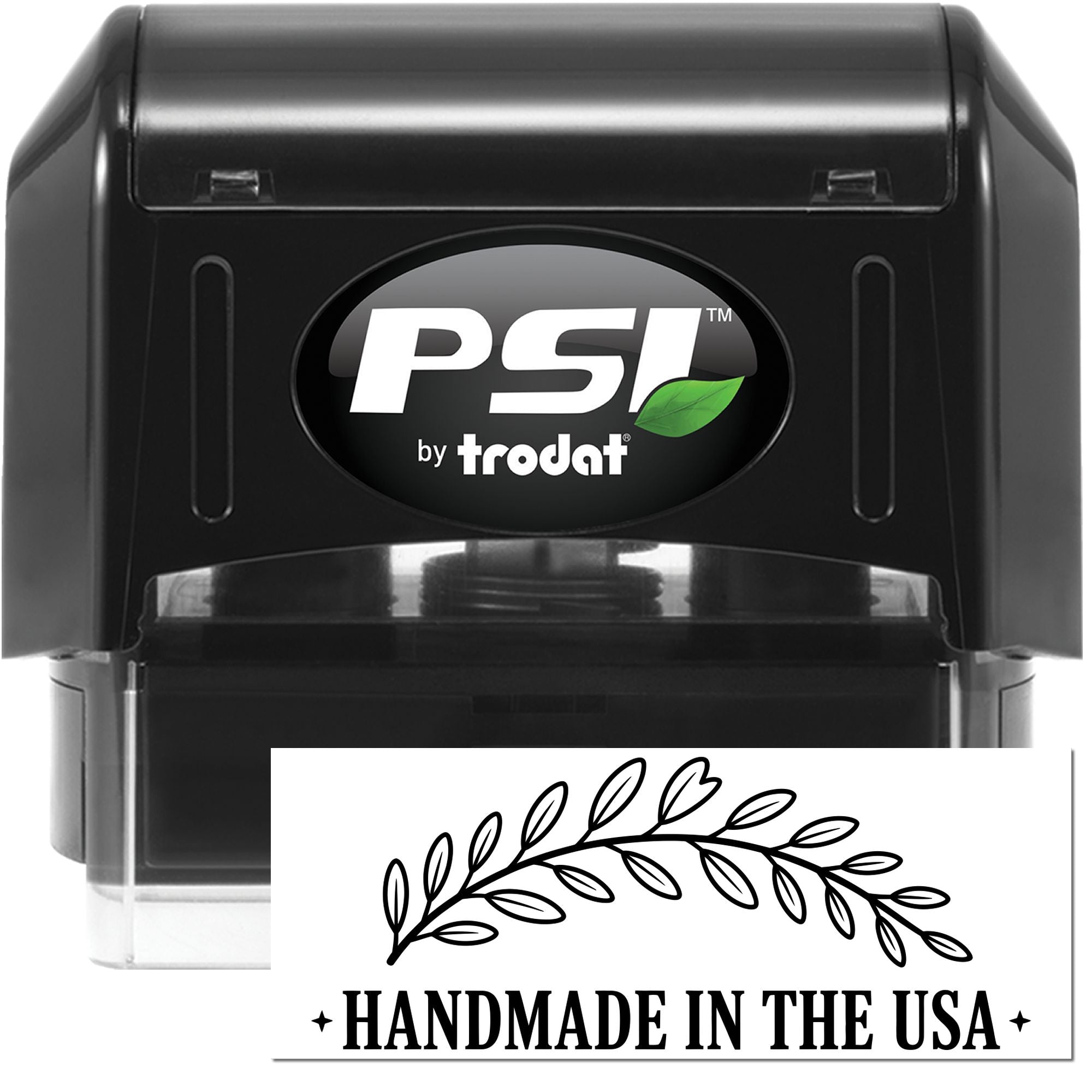 PSI by Trodat self-inking rubber stamp with Handmade in the USA custom imprint for packaging and product branding