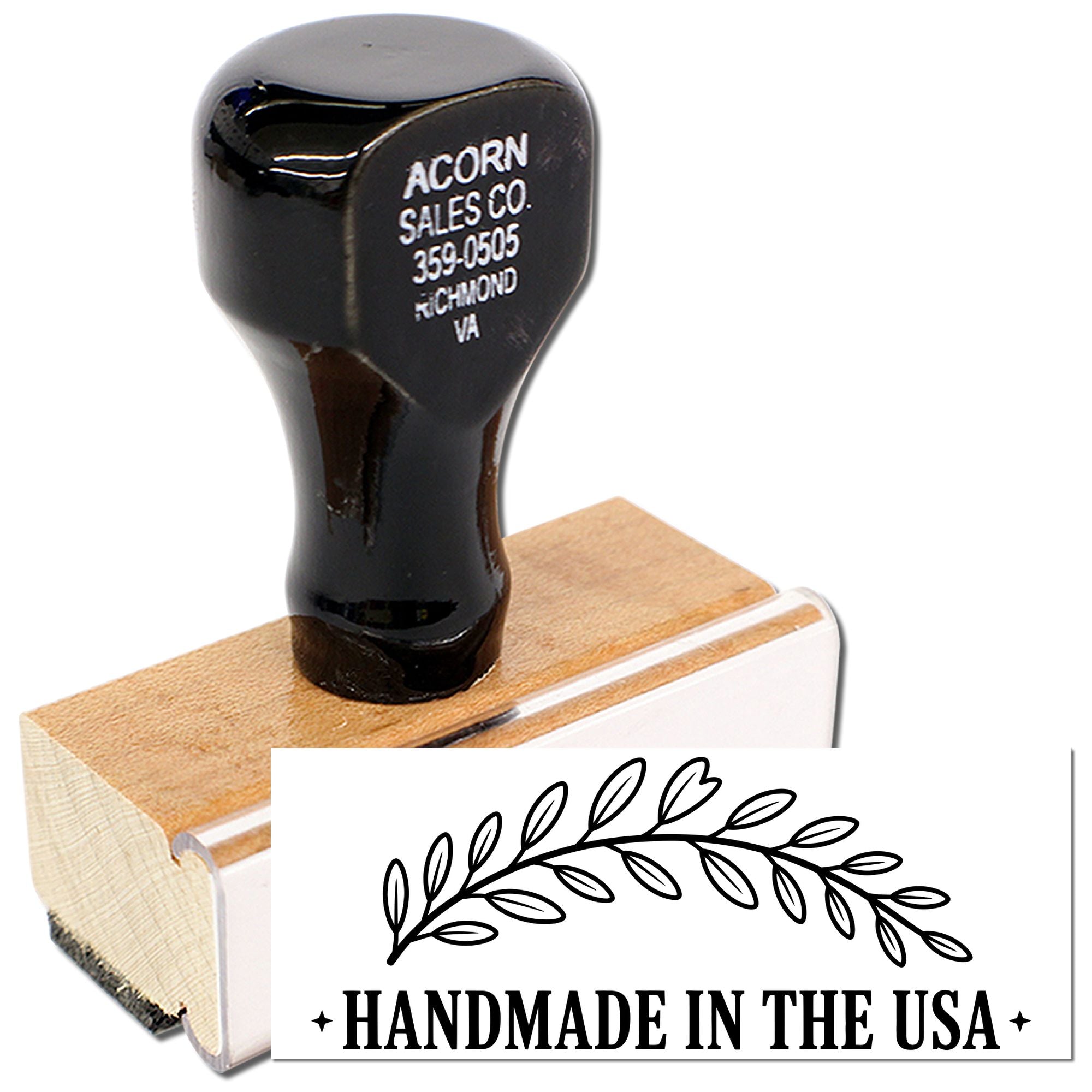 Handmade in the USA rubber stamp with custom laurel design, wooden handle, and branding for packaging, crafts, and business use.