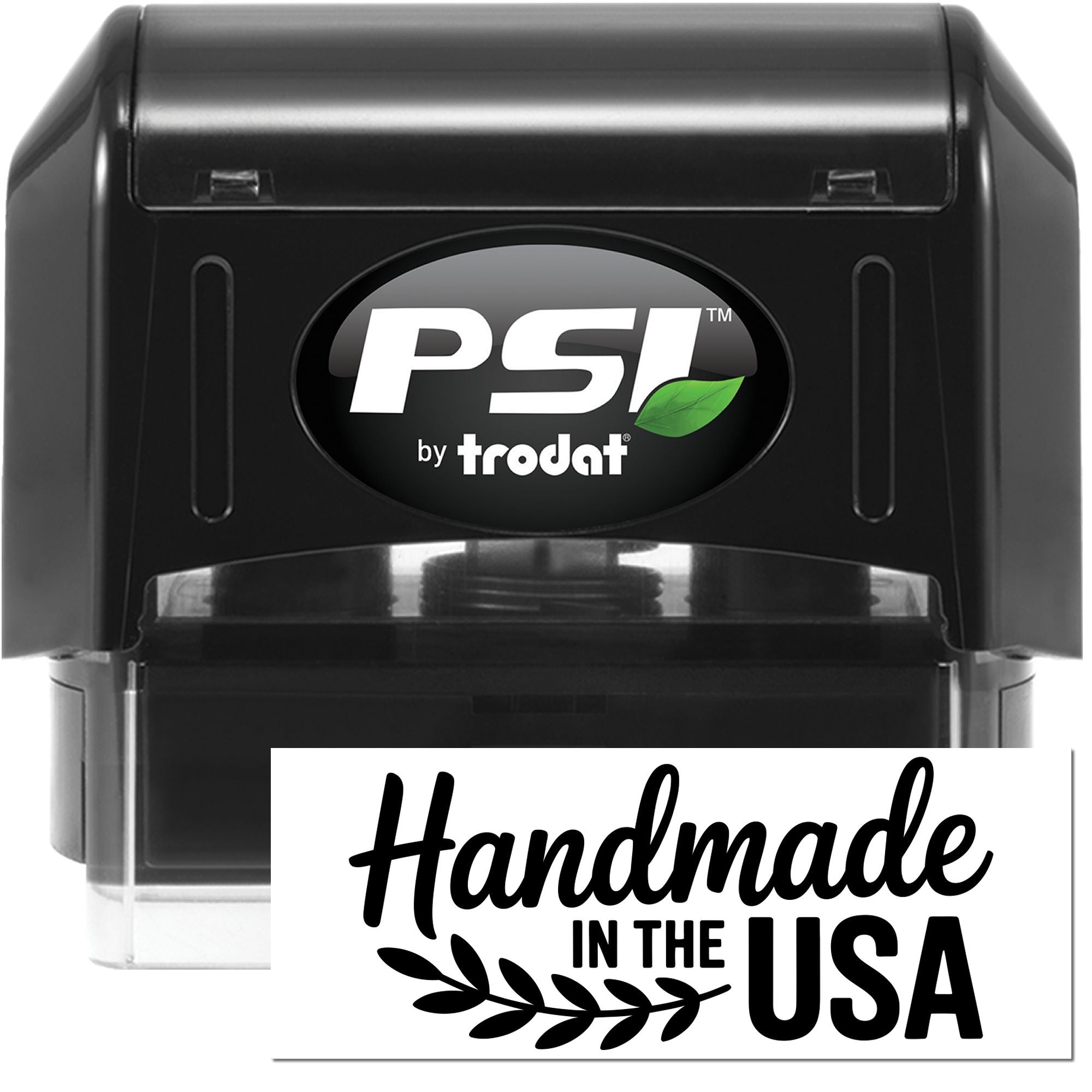 PSI by Trodat self-inking rubber stamp with custom Handmade in the USA imprint for product labeling.