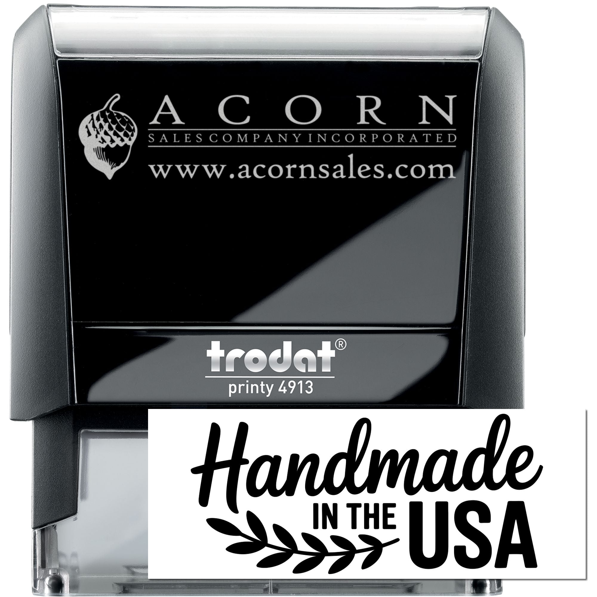 Custom self-inking rubber stamp, Trodat Printy 4913, with Acorn Sales logo and Handmade in the USA design.