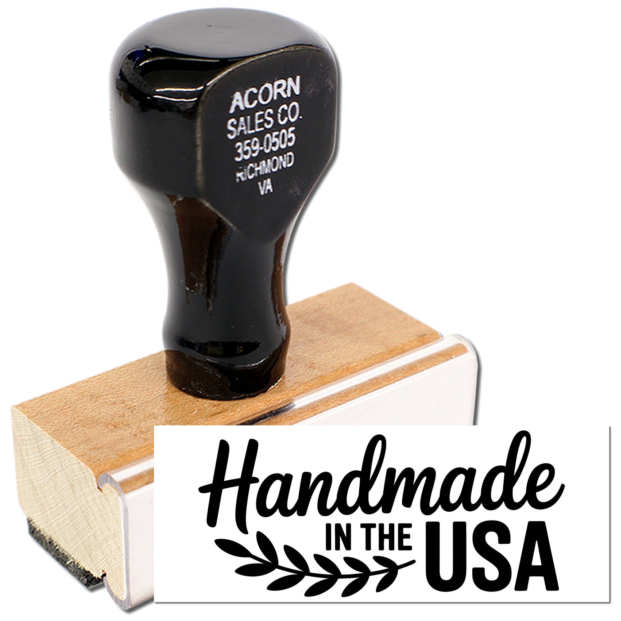 Handmade in the USA custom rubber stamp with wooden handle for logo branding, packaging, crafts, and small business products.