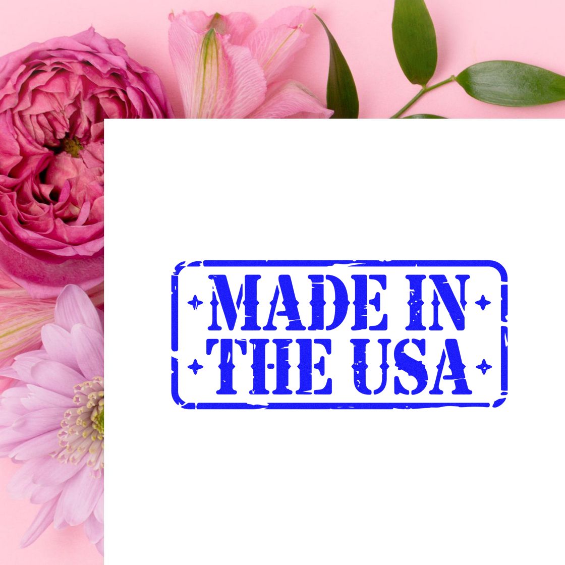 Blue Made in the USA rubber stamp design for patriotic crafts, product packaging, and handmade goods.