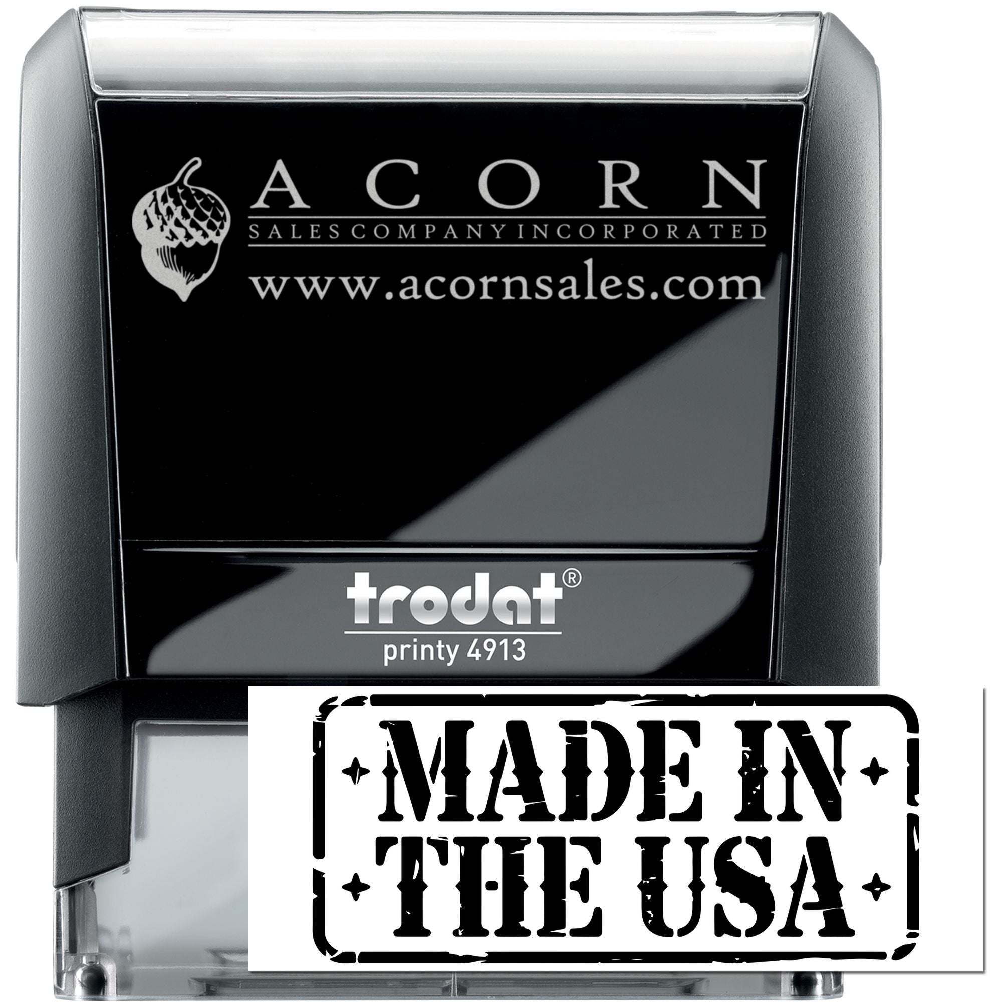 Custom self-inking rubber stamp for Acorn Sales Company with logo, website and Made in the USA imprint, Trodat Printy 4913