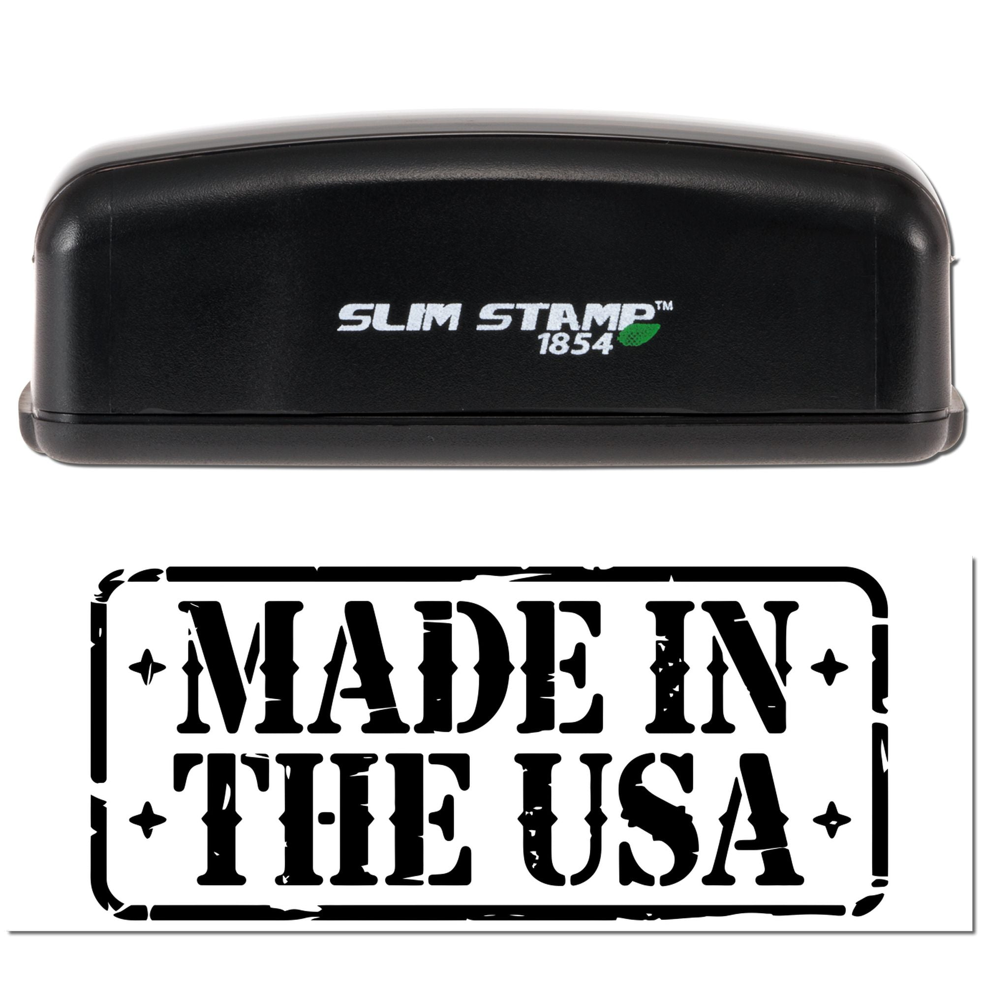 Slim Stamp 1854 self-inking rubber stamp with Made in the USA imprint for custom product branding.