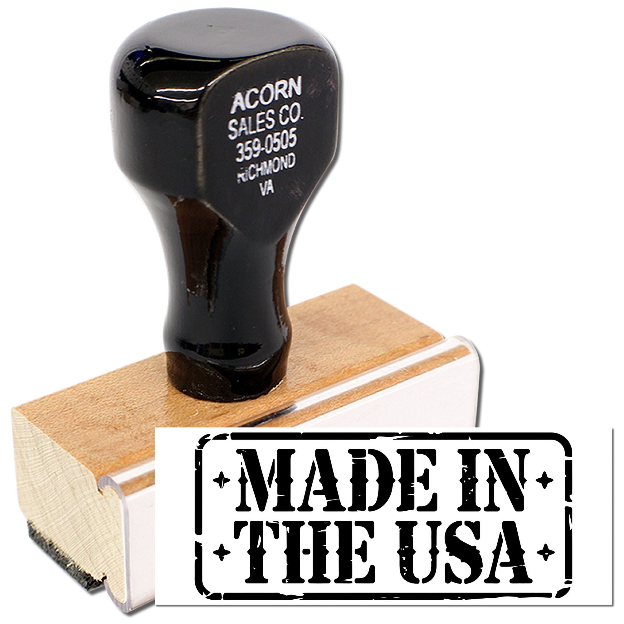 Made in the USA rubber stamp with wooden handle for product labeling, packaging, and crafts.