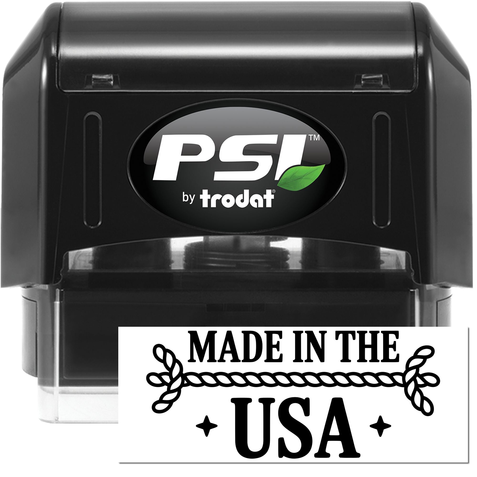 PSI by Trodat self-inking rubber stamp for Made in the USA branding on packaging and documents