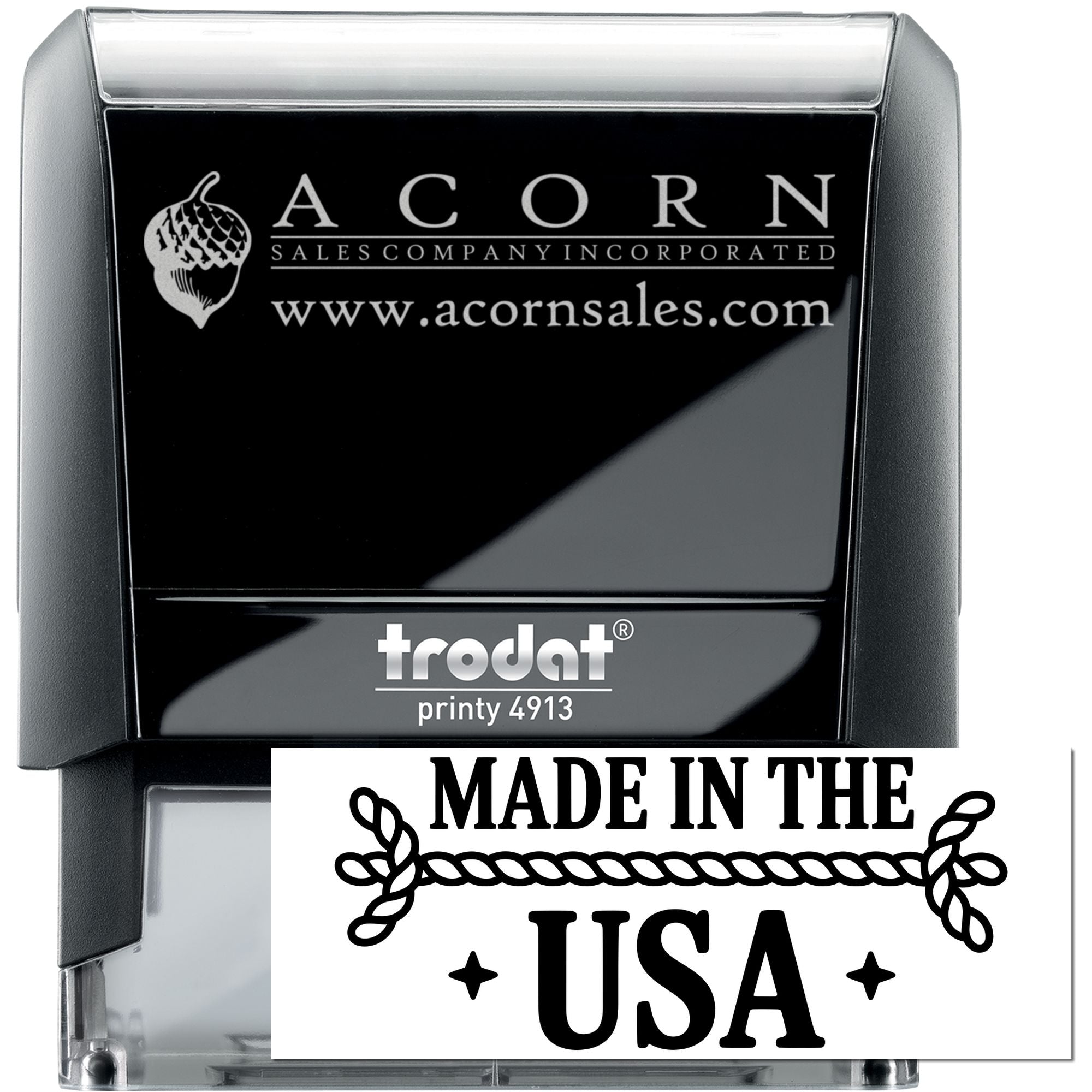 Custom Trodat Printy 4913 self-inking rubber stamp for Acorn Sales Co. with logo, website, and Made in the USA design.