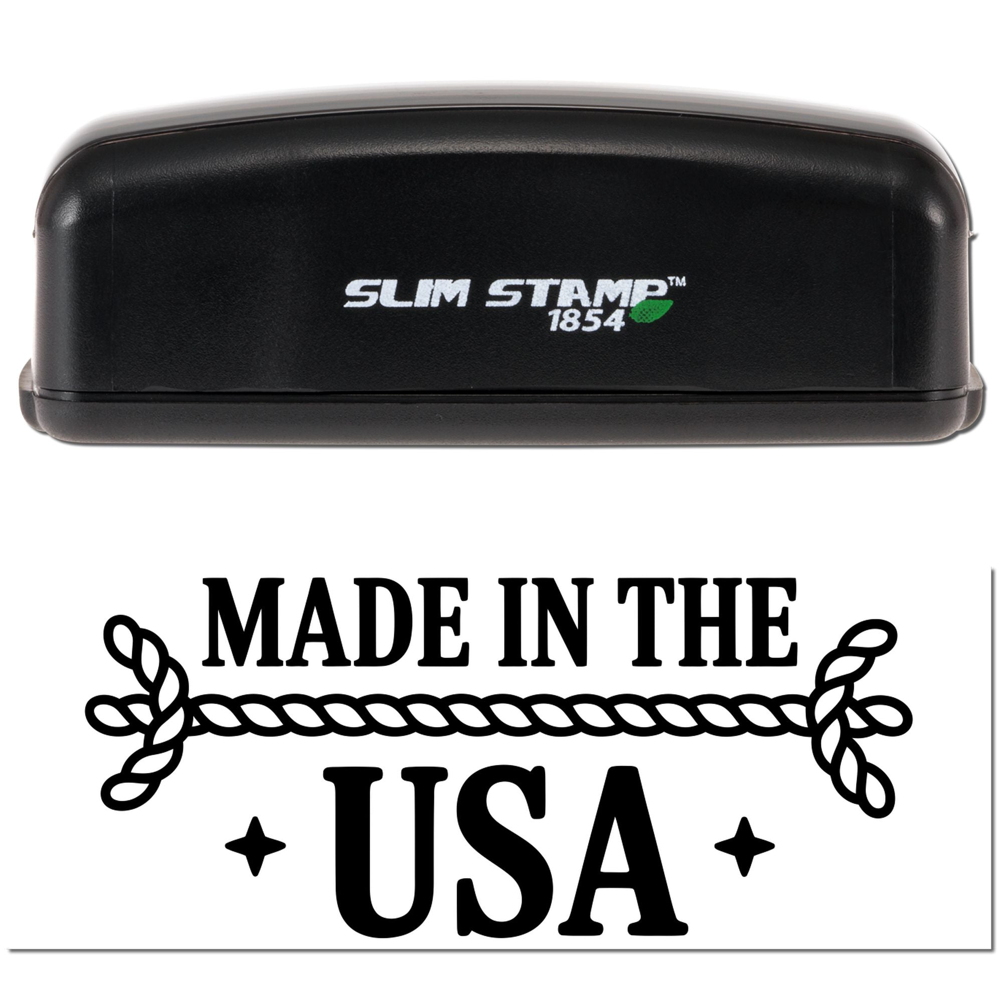Slim Stamp 1854 self-inking rubber stamp with Made in the USA design for product packaging and branding.
