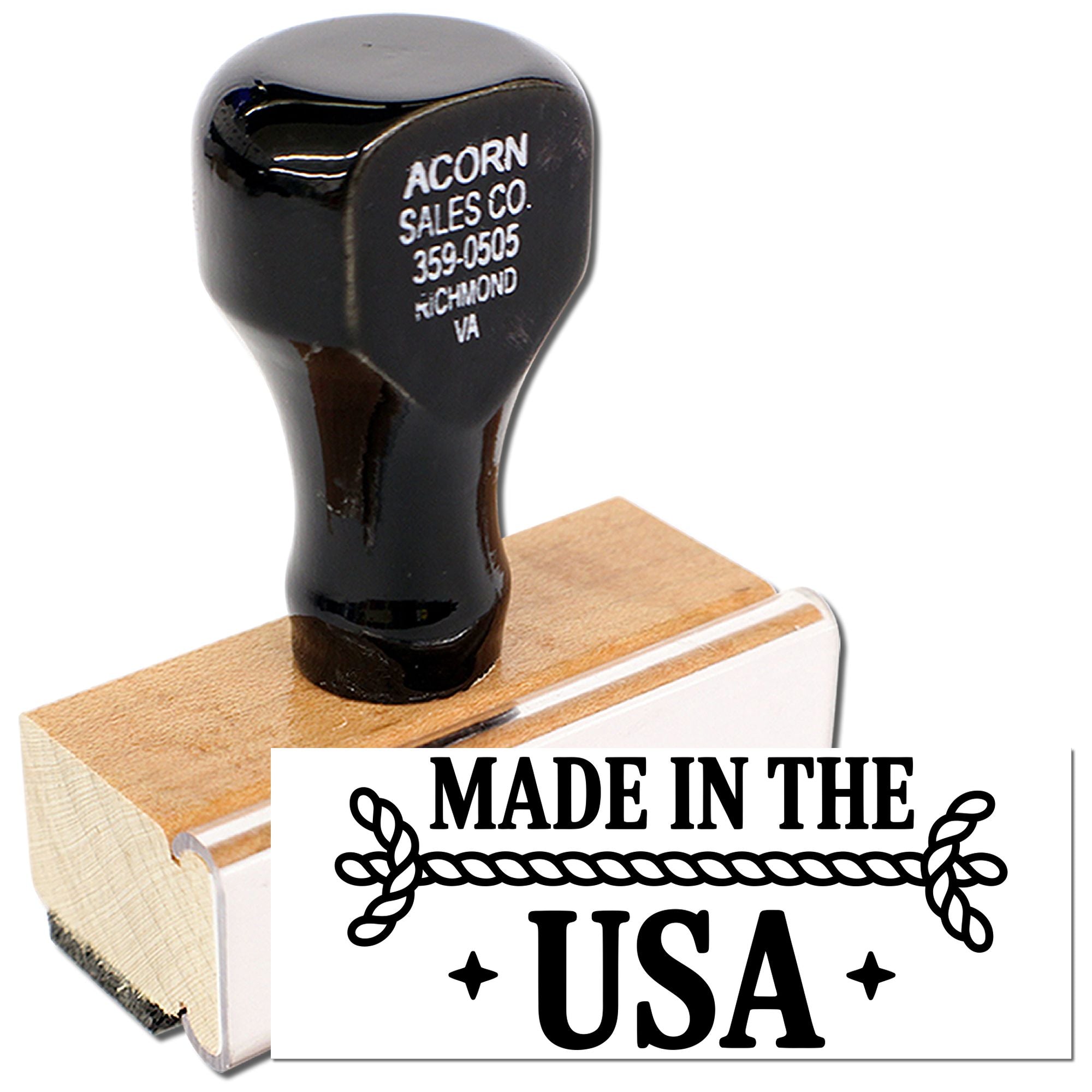 Made in the USA rubber stamp with wooden handle, ideal for branding products, packaging, and patriotic business labeling.