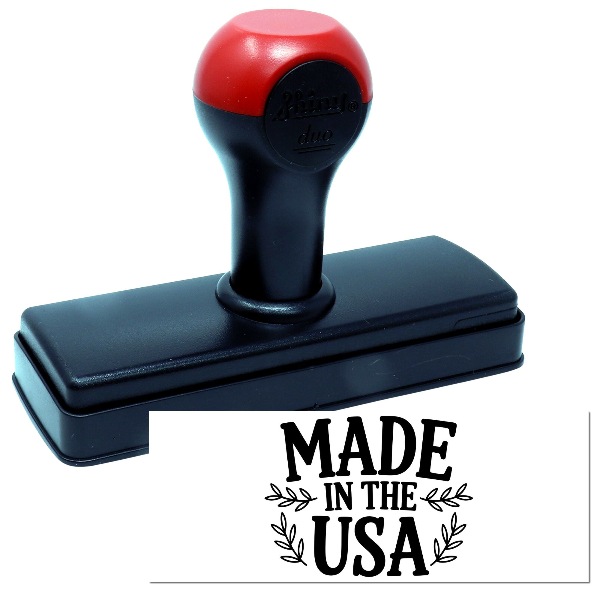 Made in the USA self-inking rubber stamp for patriotic product labeling and custom packaging.