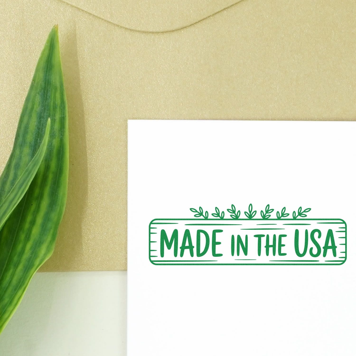 Made in the USA custom rubber stamp design in green, perfect for handmade product branding and patriotic packaging.