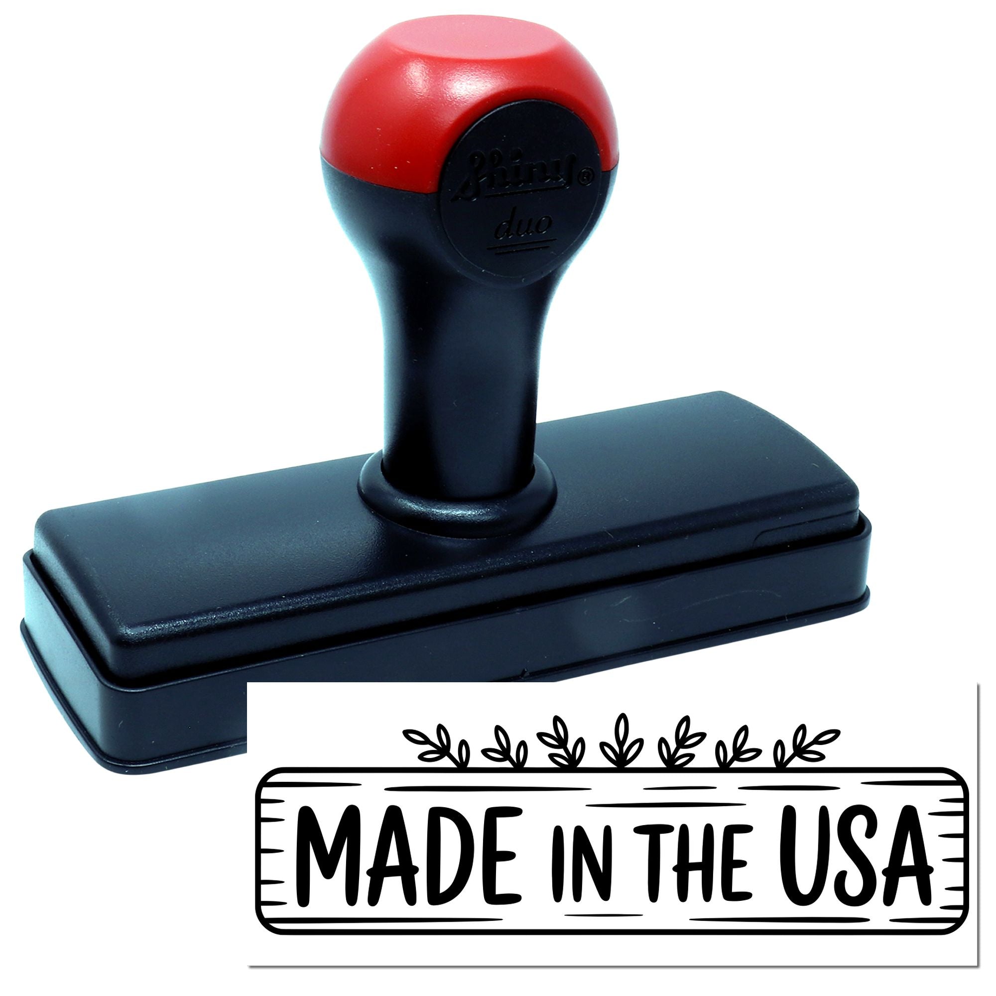 Self-inking rubber stamp with Made in the USA imprint for packaging, branding, and product labeling.