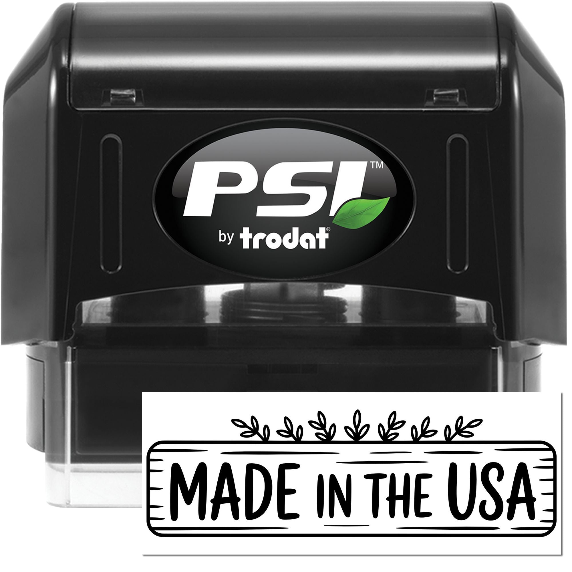 PSI by Trodat self-inking rubber stamp with Made in the USA imprint for custom product branding.