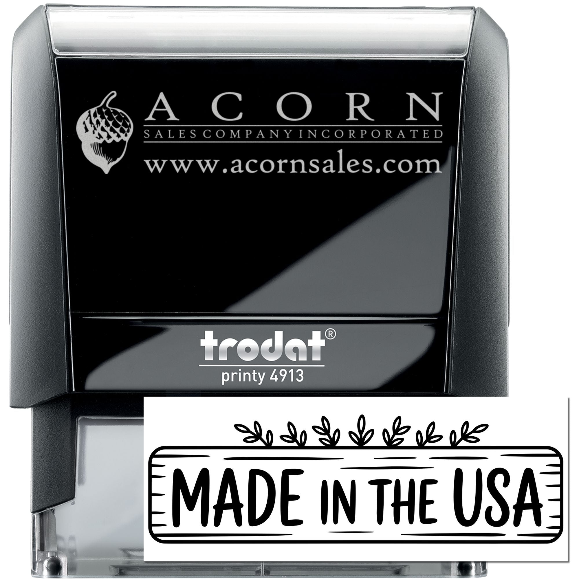 Custom self-inking rubber stamp with Acorn Sales Company logo and website, Trodat Printy 4913, Made in the USA design.