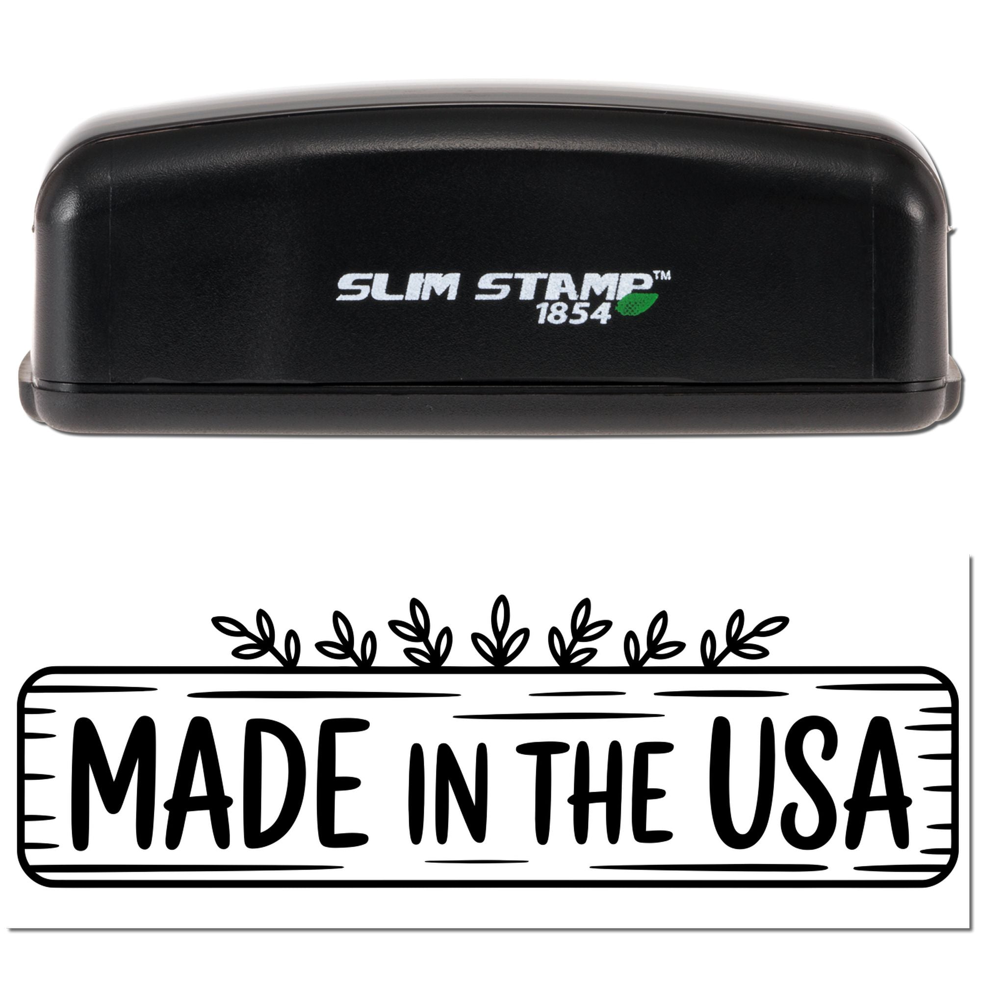 Slim Stamp 1854 self-inking rubber stamp with Made in the USA design for branding packaging.