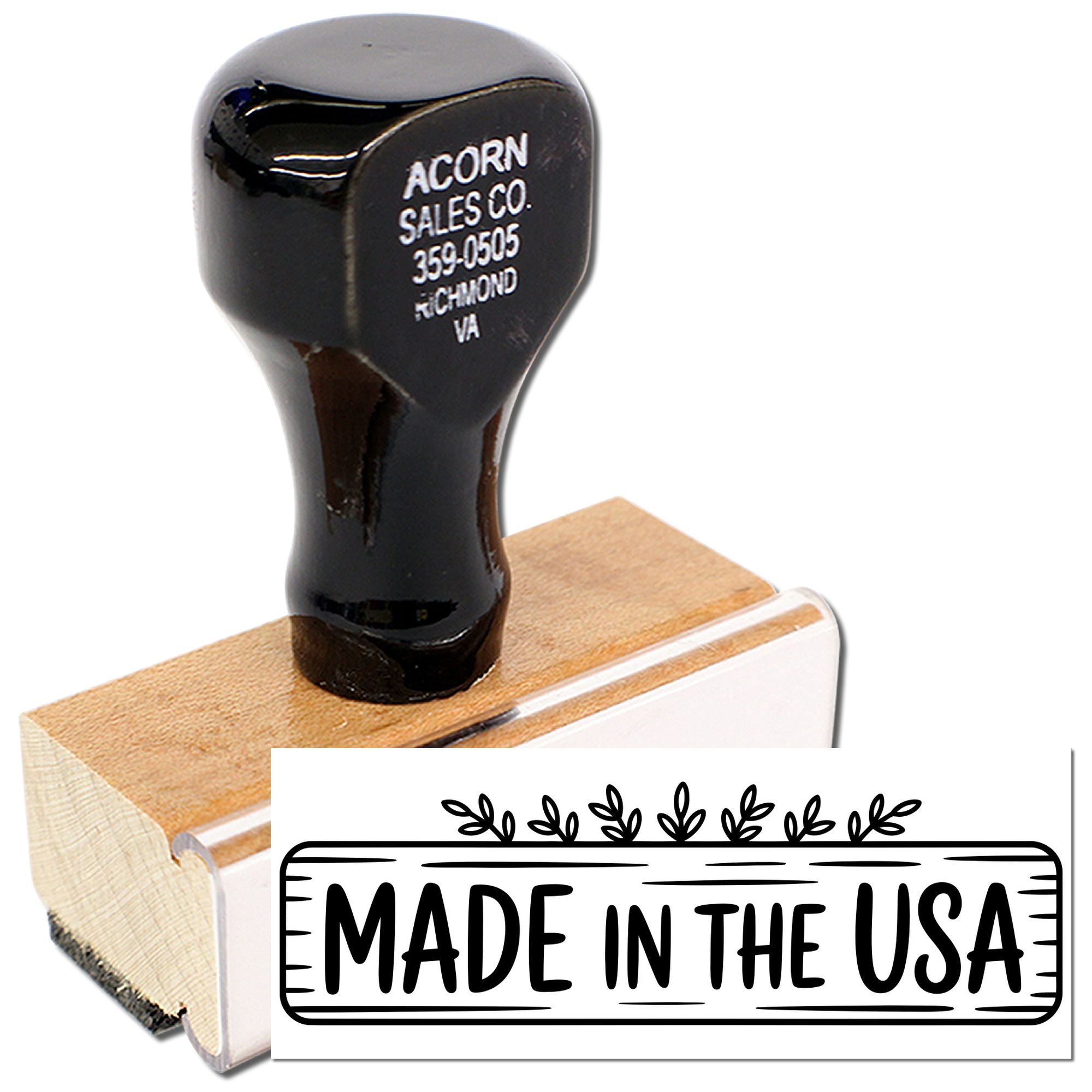 Custom wooden rubber address stamp with business name and Made in the USA design for branding and packaging.