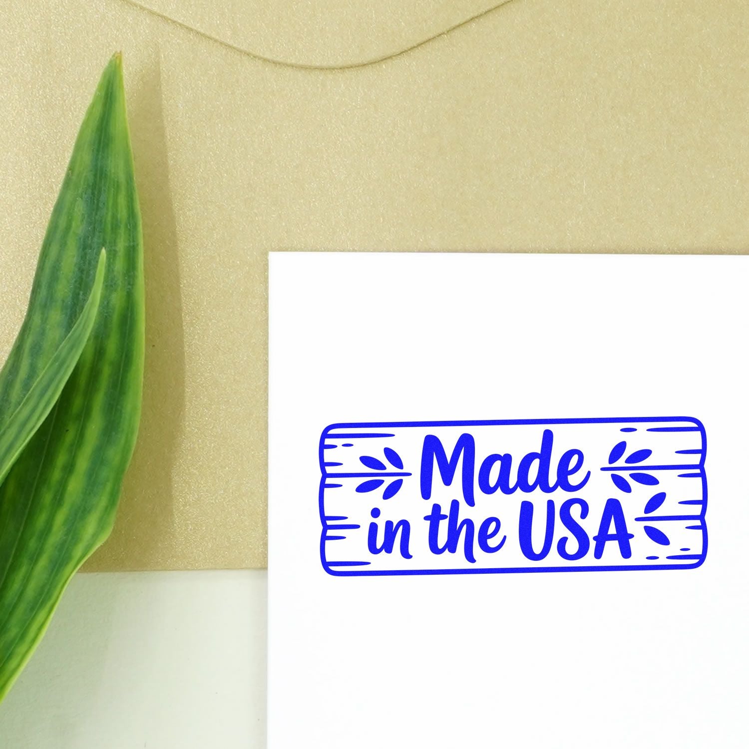 Made in the USA rubber stamp design with woodgrain border, perfect for product packaging, labels, and handmade branding.