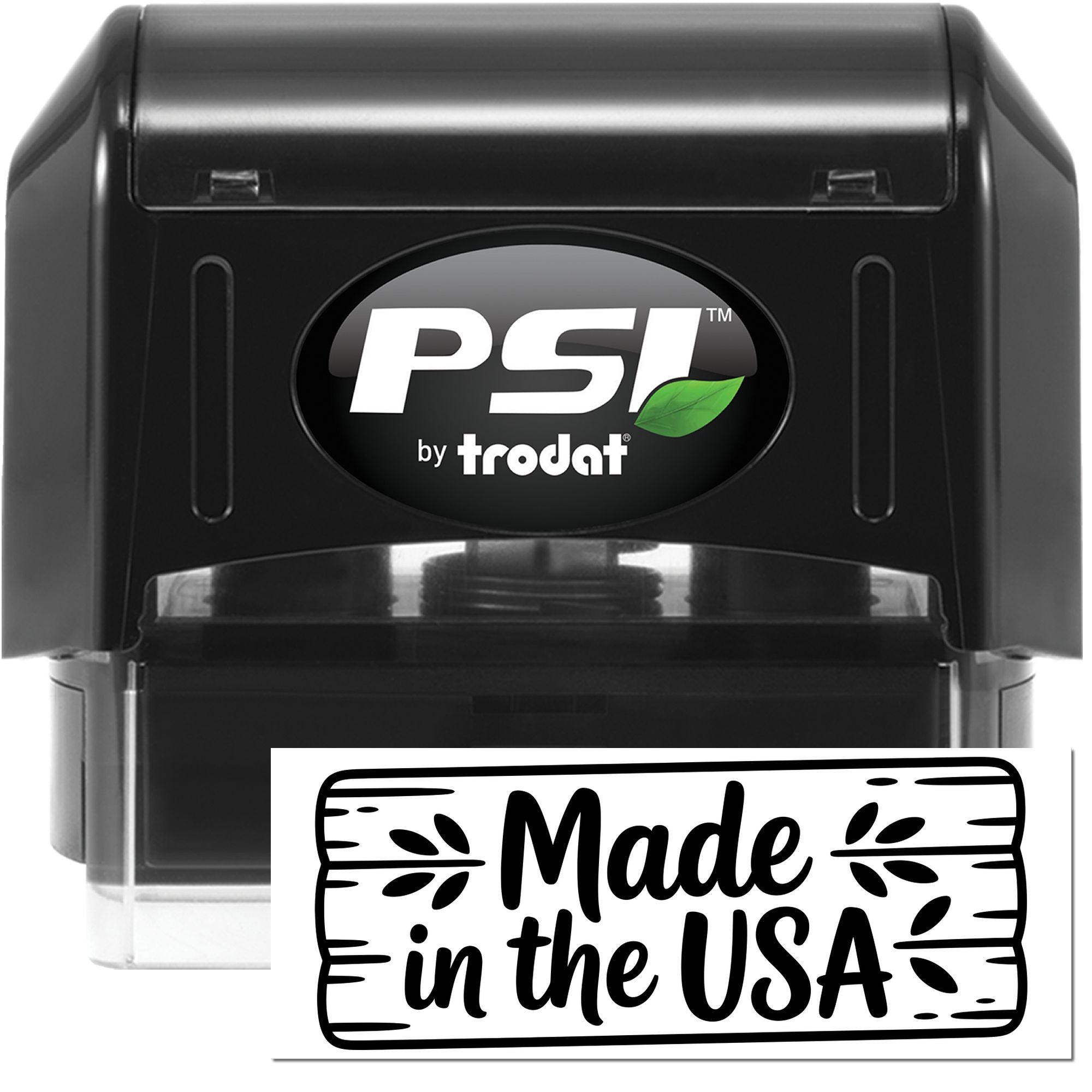 PSI by Trodat self-inking rubber stamp with Made in the USA imprint for branding products and packaging