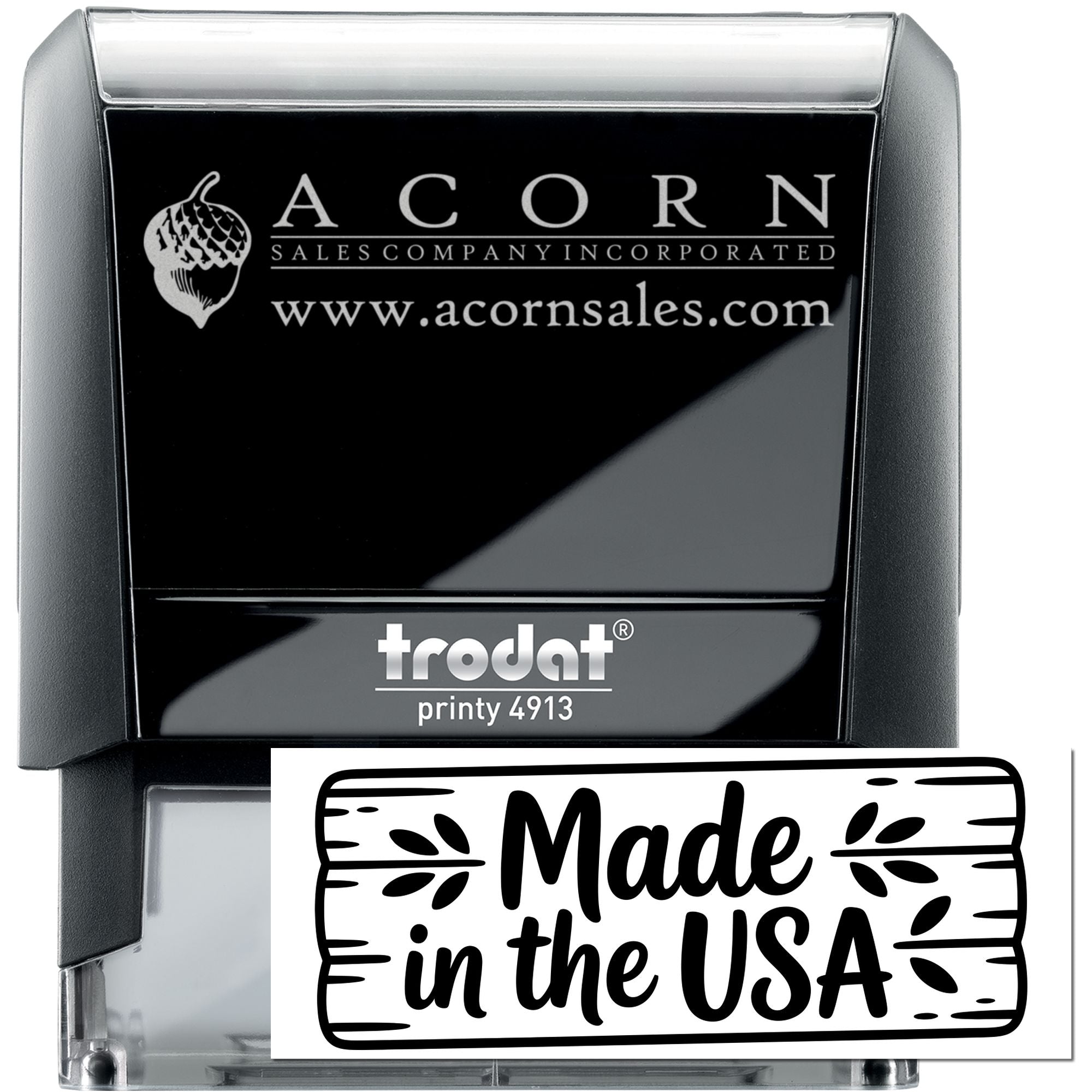 Custom self-inking rubber stamp with Acorn Sales logo and website, Trodat Printy 4913, made in the USA.
