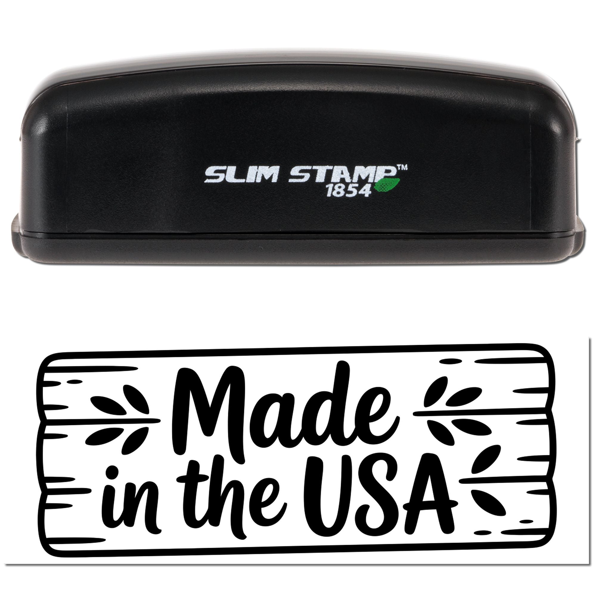 Slim Stamp 1854 custom rubber stamp with Made in the USA imprint for product packaging and branding.