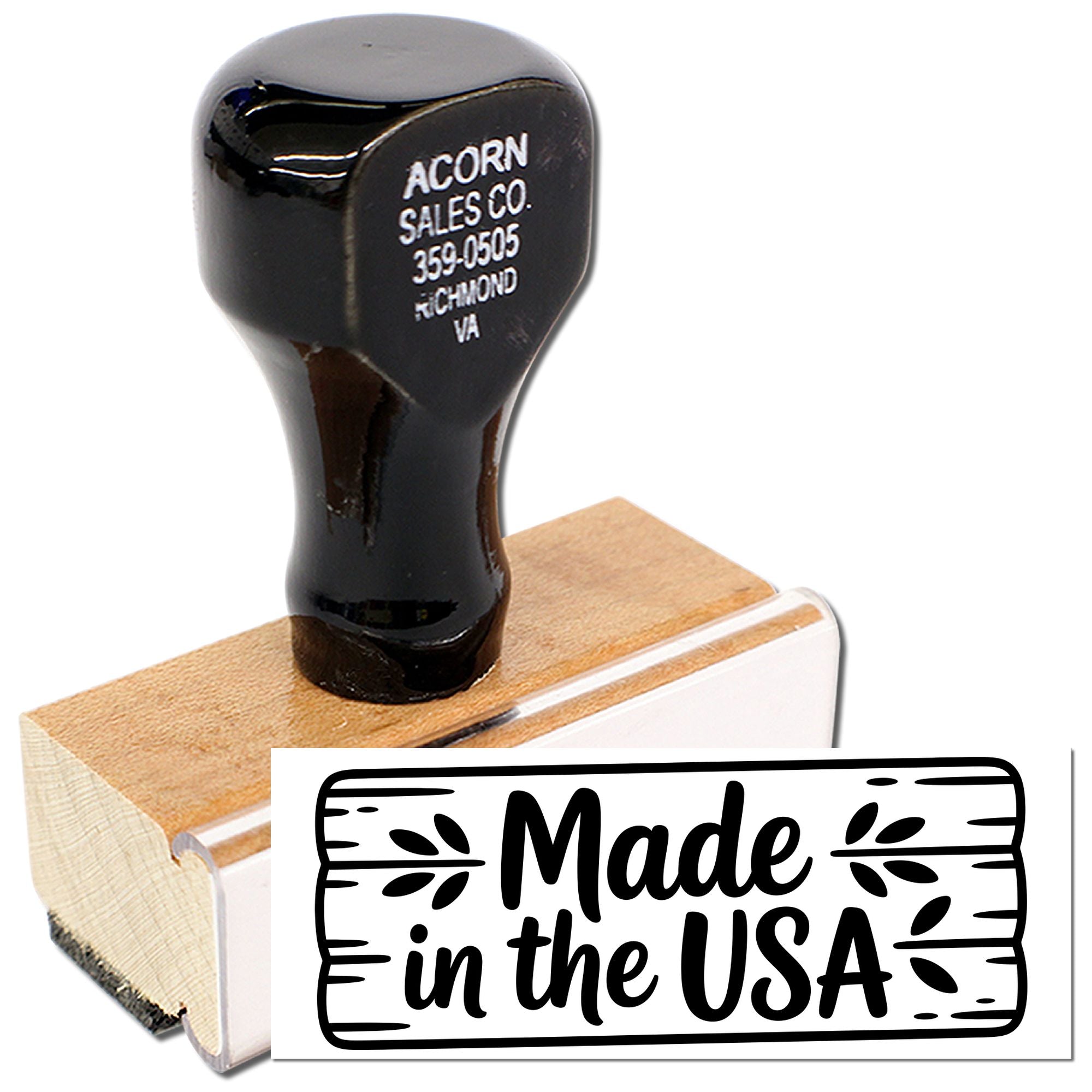 Custom wood handle rubber stamp with Made in the USA design for branding packaging, crafts, and product labeling.