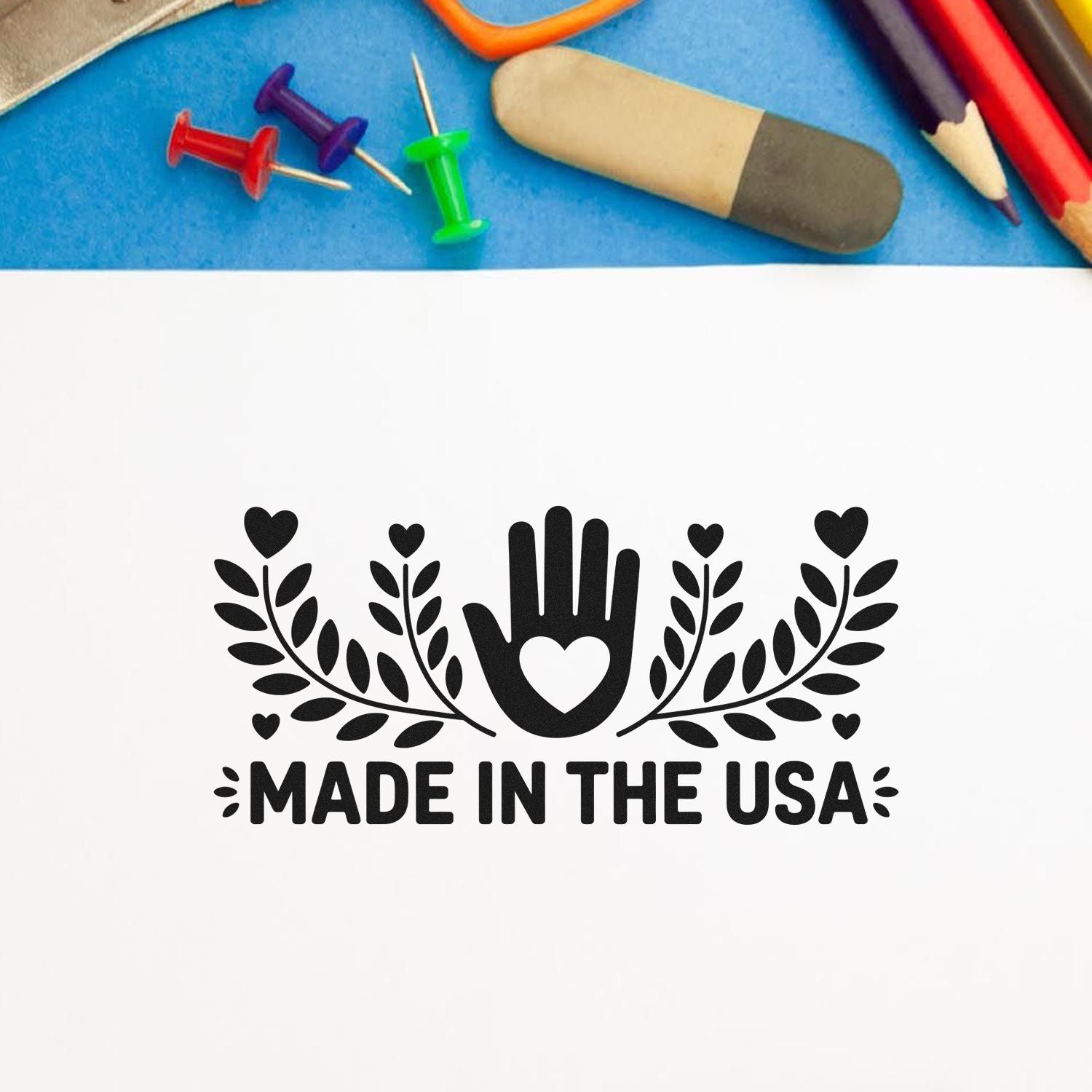 Made in the USA rubber stamp imprint with heart hand and floral design for patriotic packaging and branding.