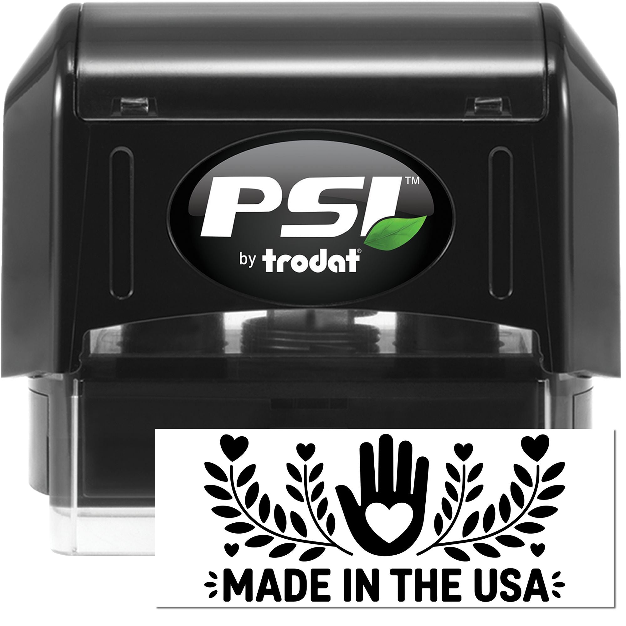 PSI by Trodat self-inking rubber stamp with Made in the USA design for custom branding.