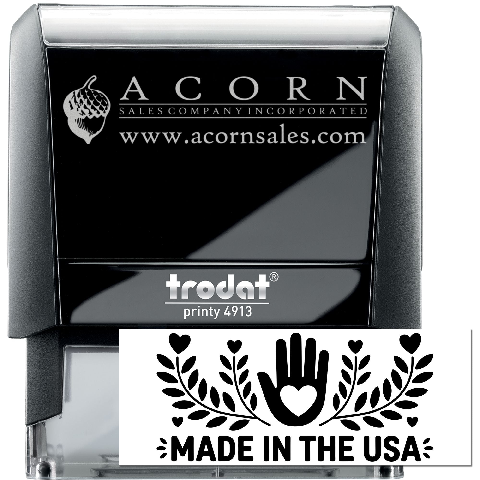 Custom business rubber stamp with Acorn Sales Company logo, website, and Made in the USA design on Trodat Printy 4913.