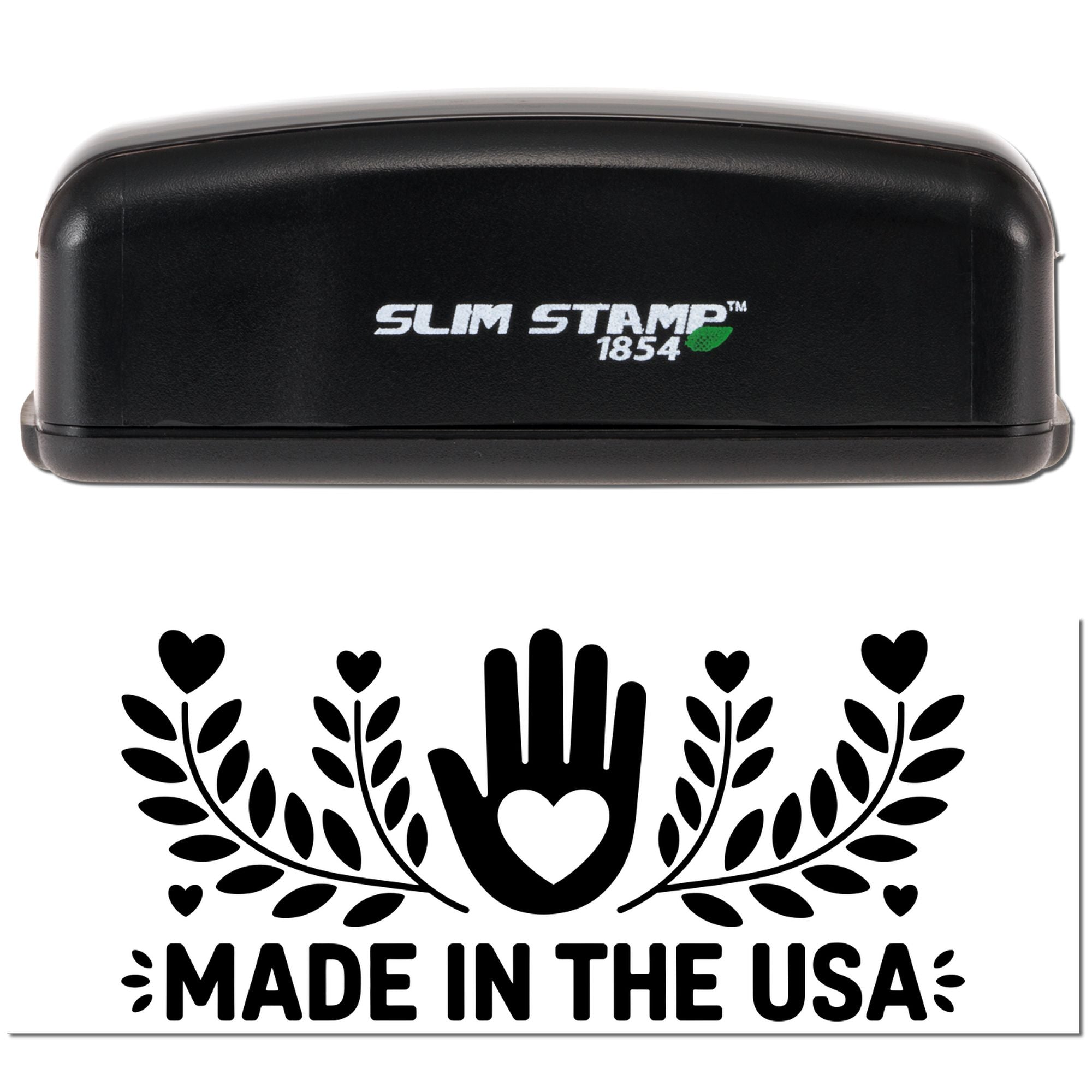 Slim Stamp 1854 self-inking rubber stamp with Made in the USA heart-hand floral design.