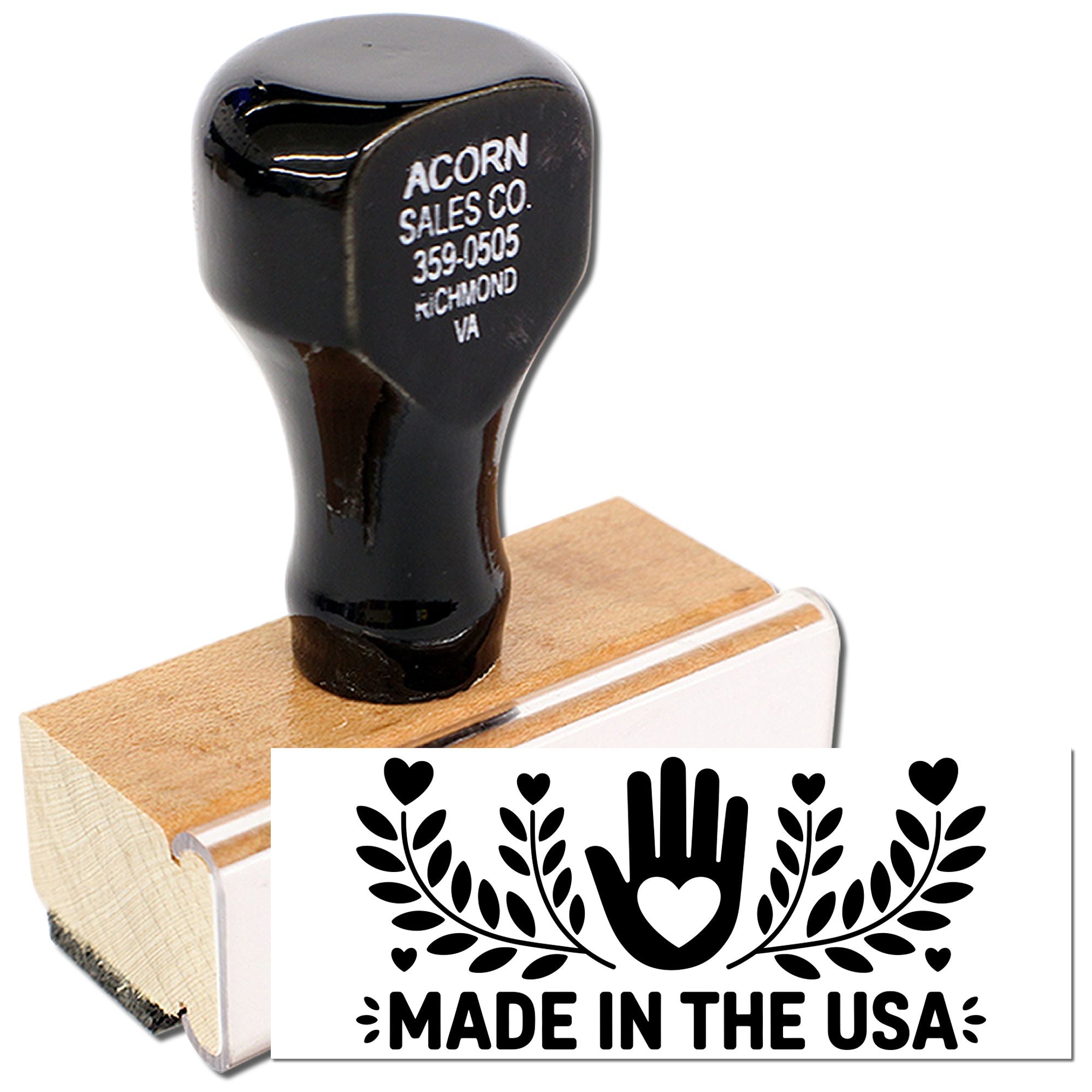 Wood-mounted rubber stamp with Made in the USA design, perfect for branding handcrafted products, packaging, and promotions