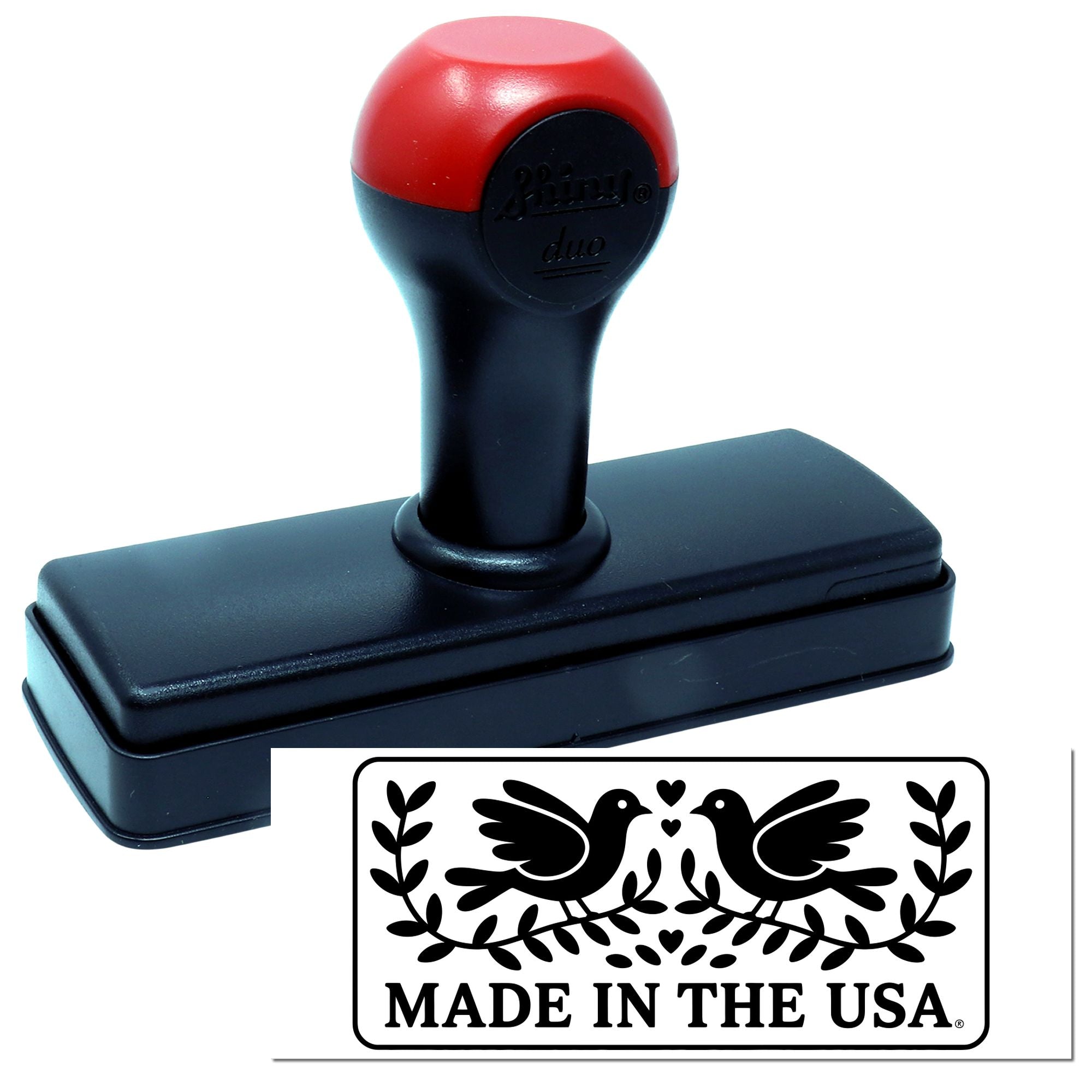 Self-inking rubber stamp with Made in the USA bird design for custom business, craft, and branding use.
