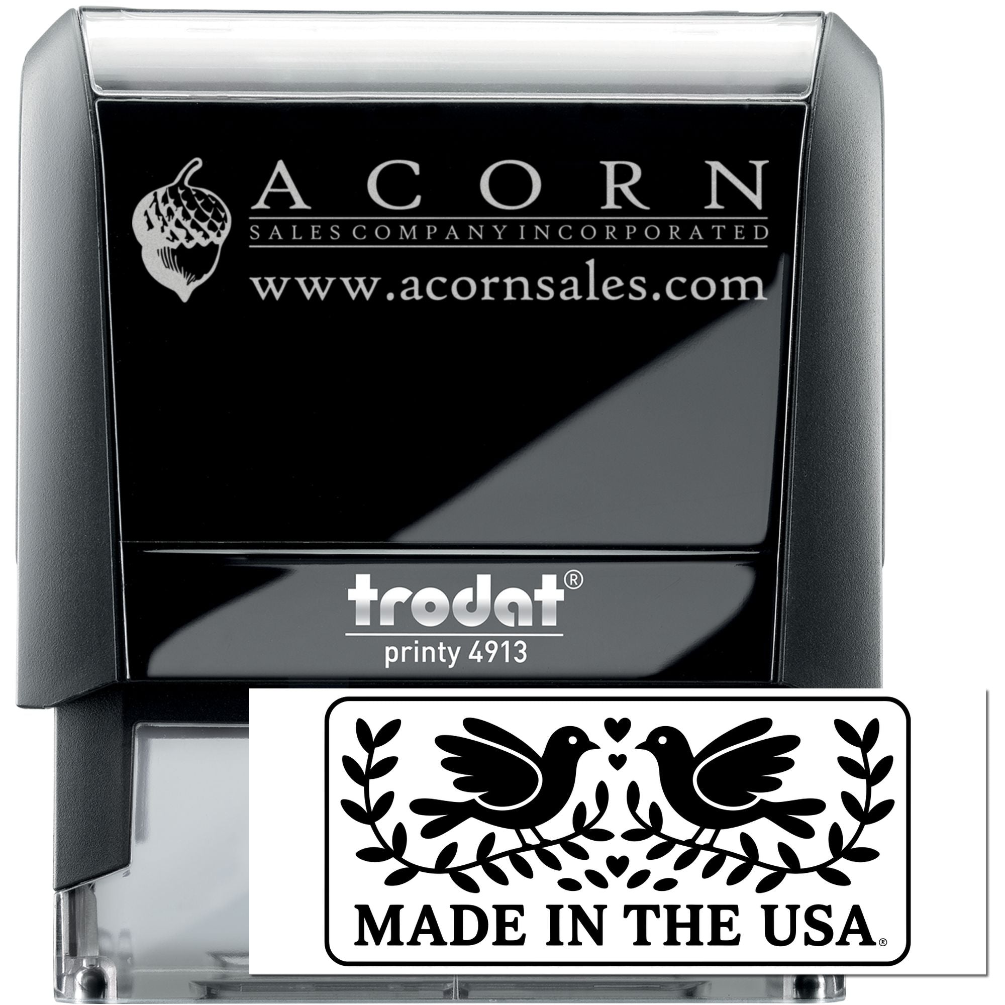 Custom self-inking rubber stamp for Acorn Sales Company, featuring logo and website on Trodat Printy 4913.