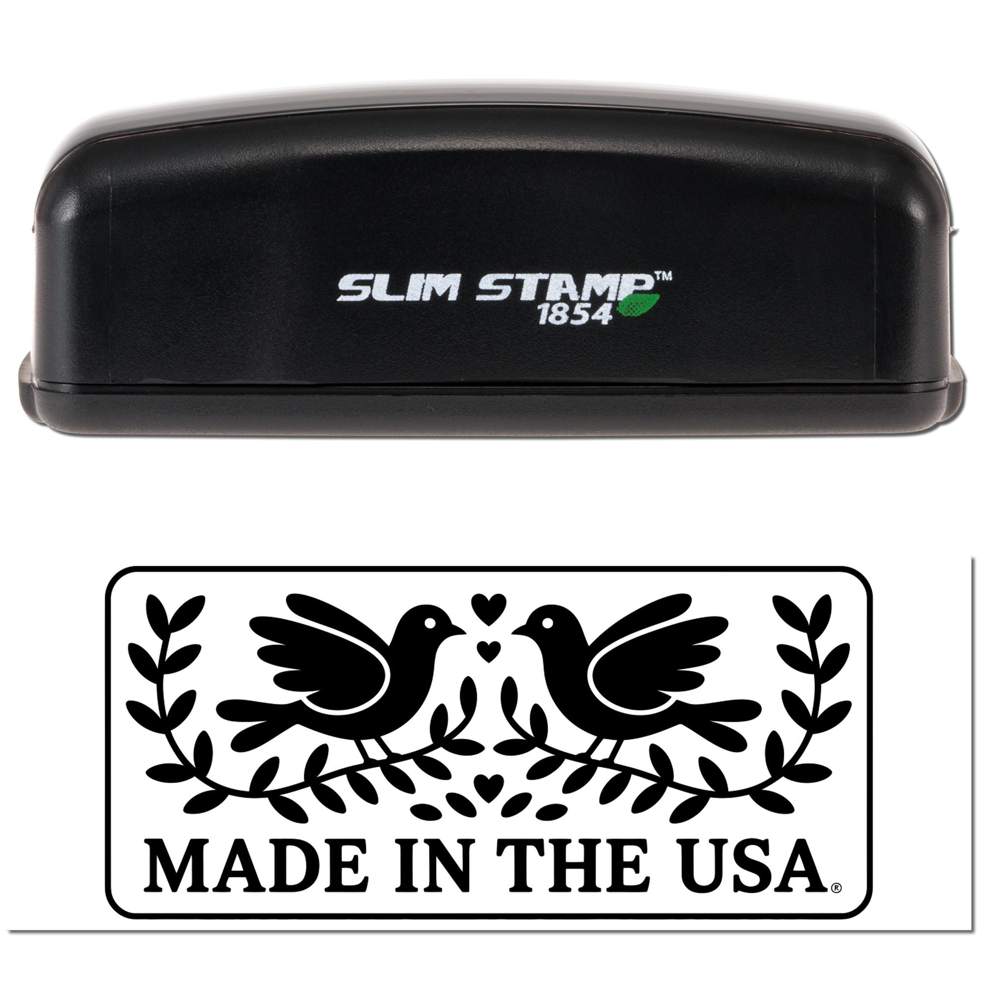 Slim Stamp 1854 rubber stamp with Made in the USA bird design for patriotic product branding and packaging.