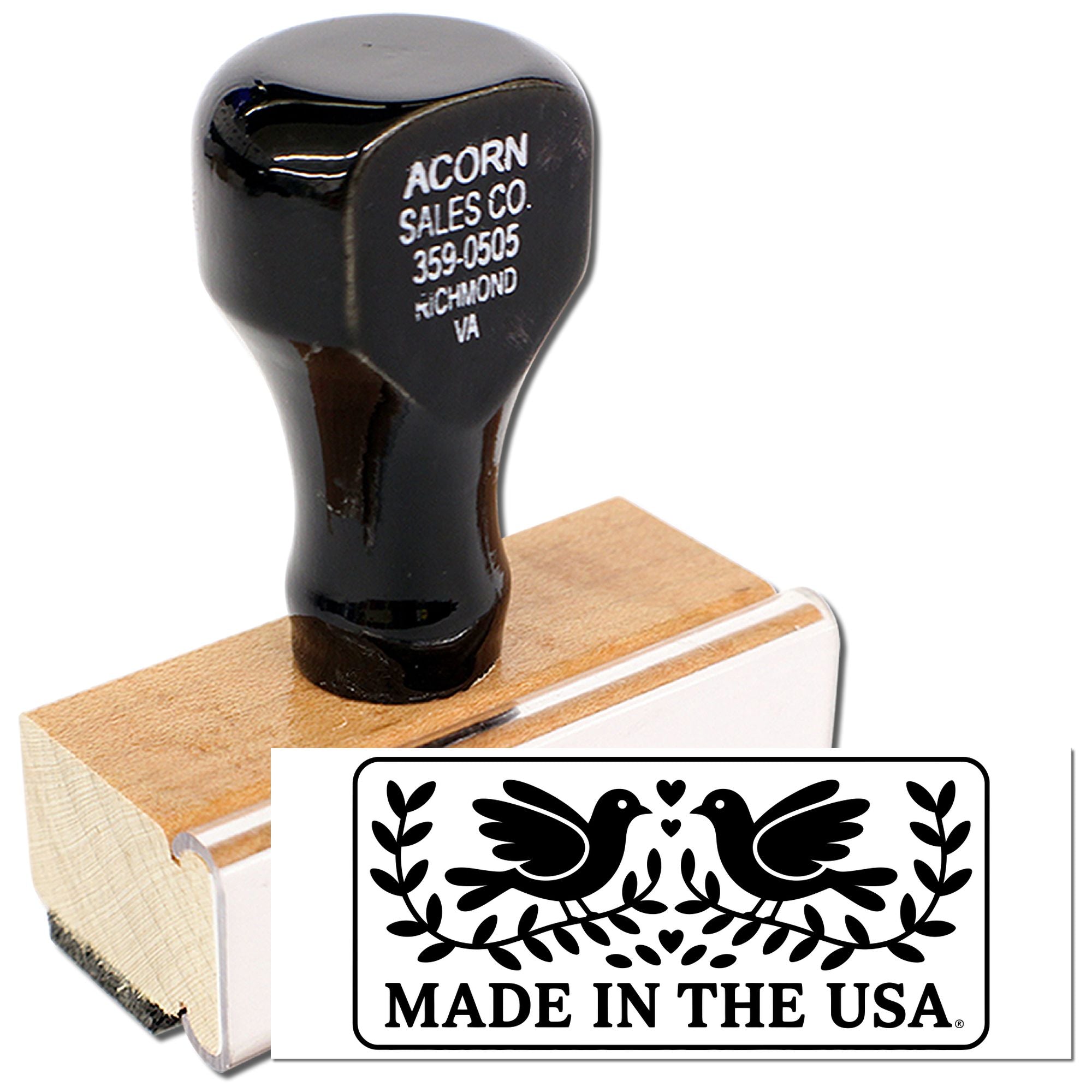 Custom wooden rubber stamp with Made in the USA dove logo for business branding and packaging.