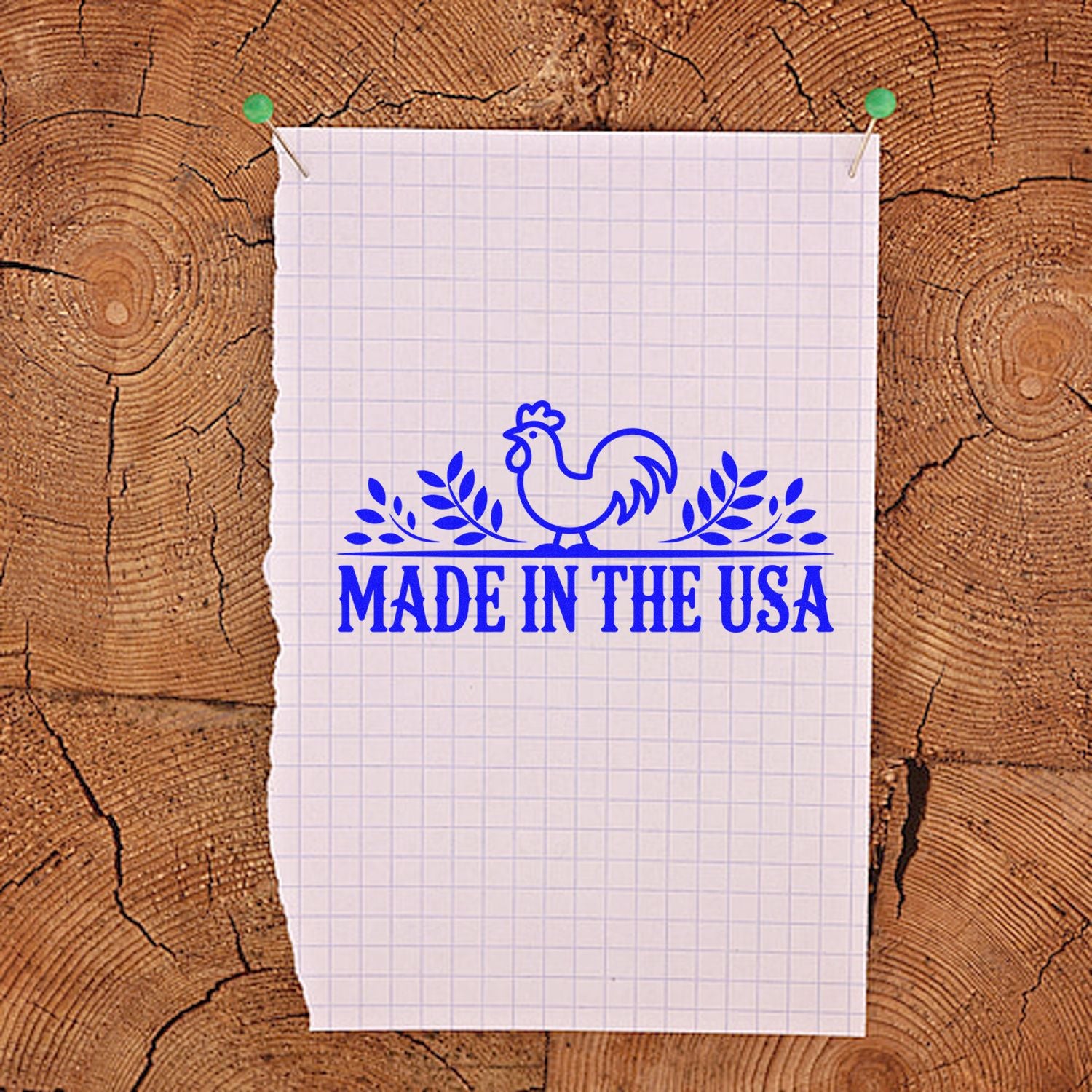 Made in the USA rubber stamp design with rooster and leaves for patriotic product branding