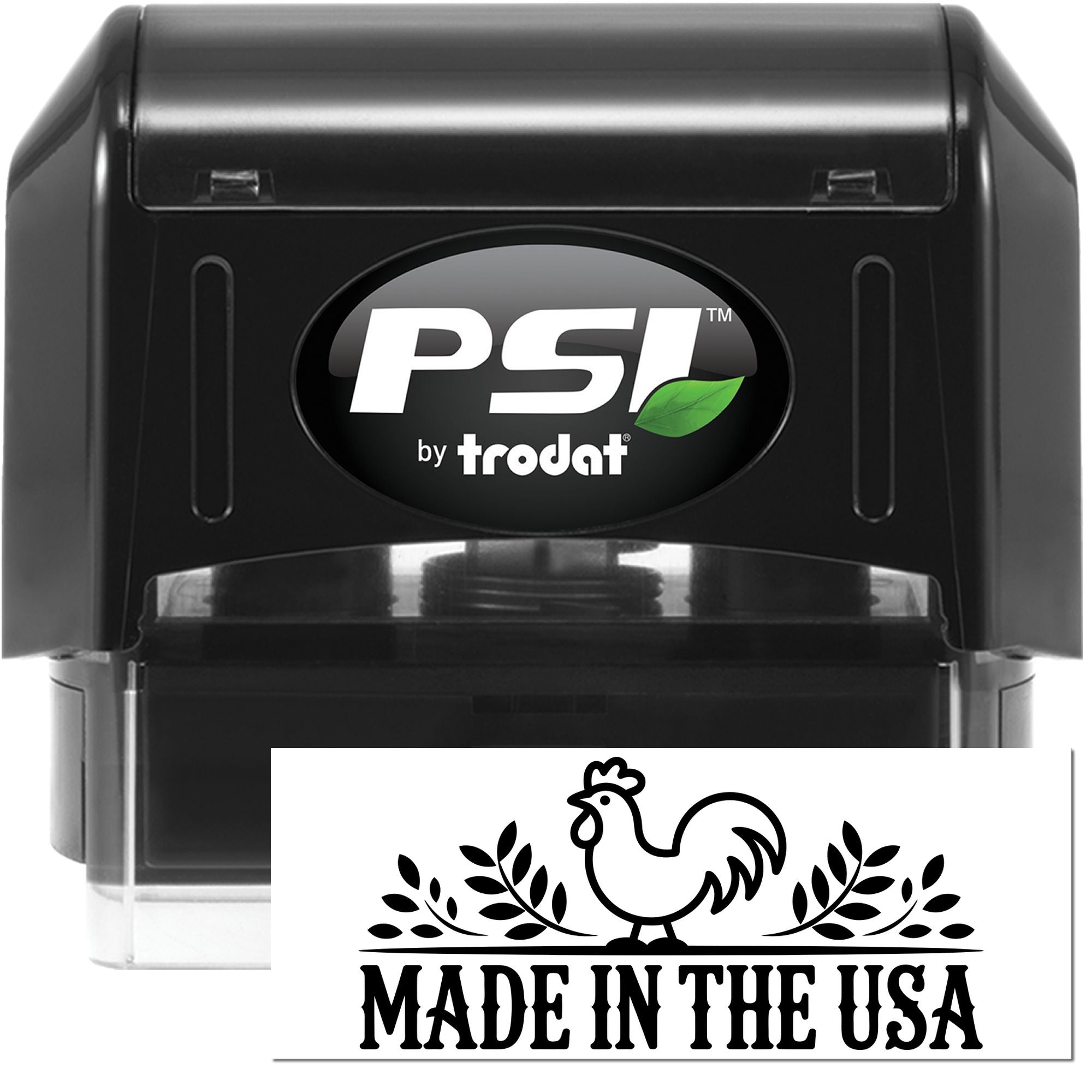 PSI by Trodat self-inking rubber stamp with Made in the USA rooster design for product branding and labeling.