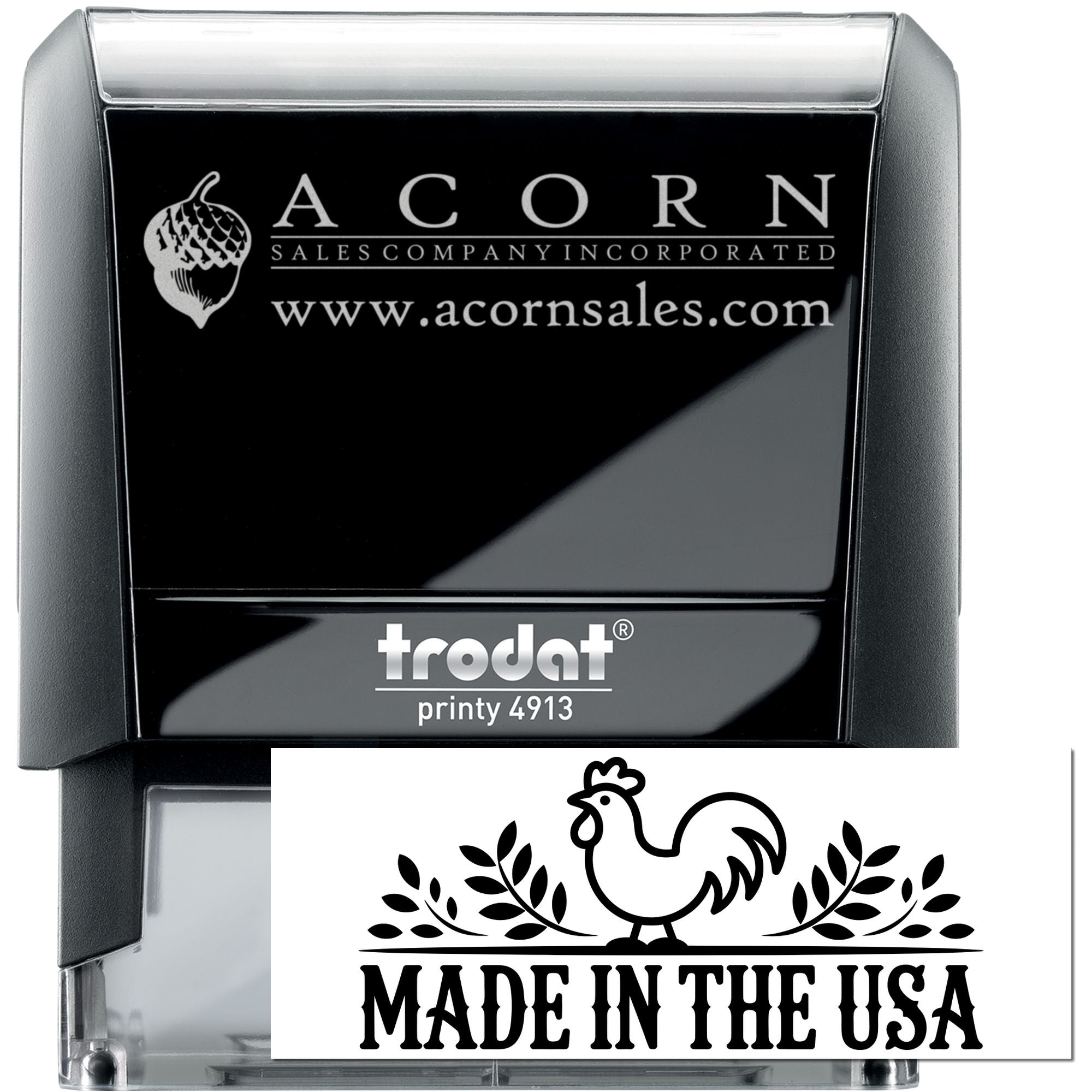 Custom Trodat Printy 4913 self-inking rubber stamp with Acorn Sales logo and Made in the USA design.