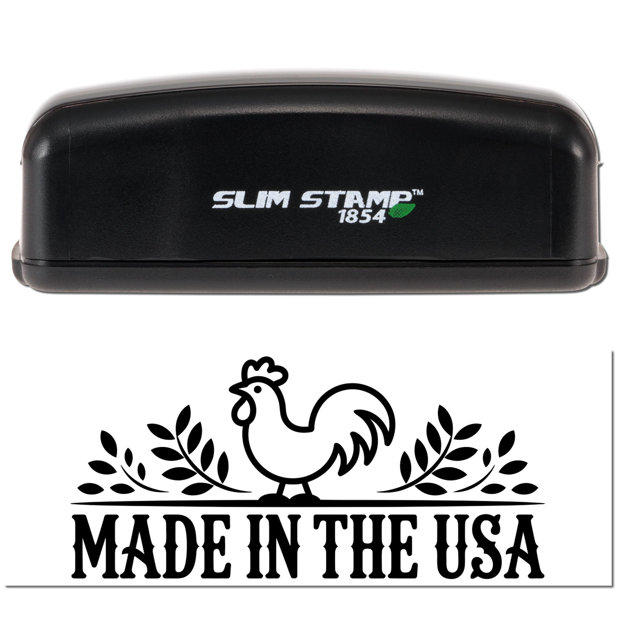 Slim Stamp 1854 self-inking rubber stamp with Made in the USA rooster design for custom branding.
