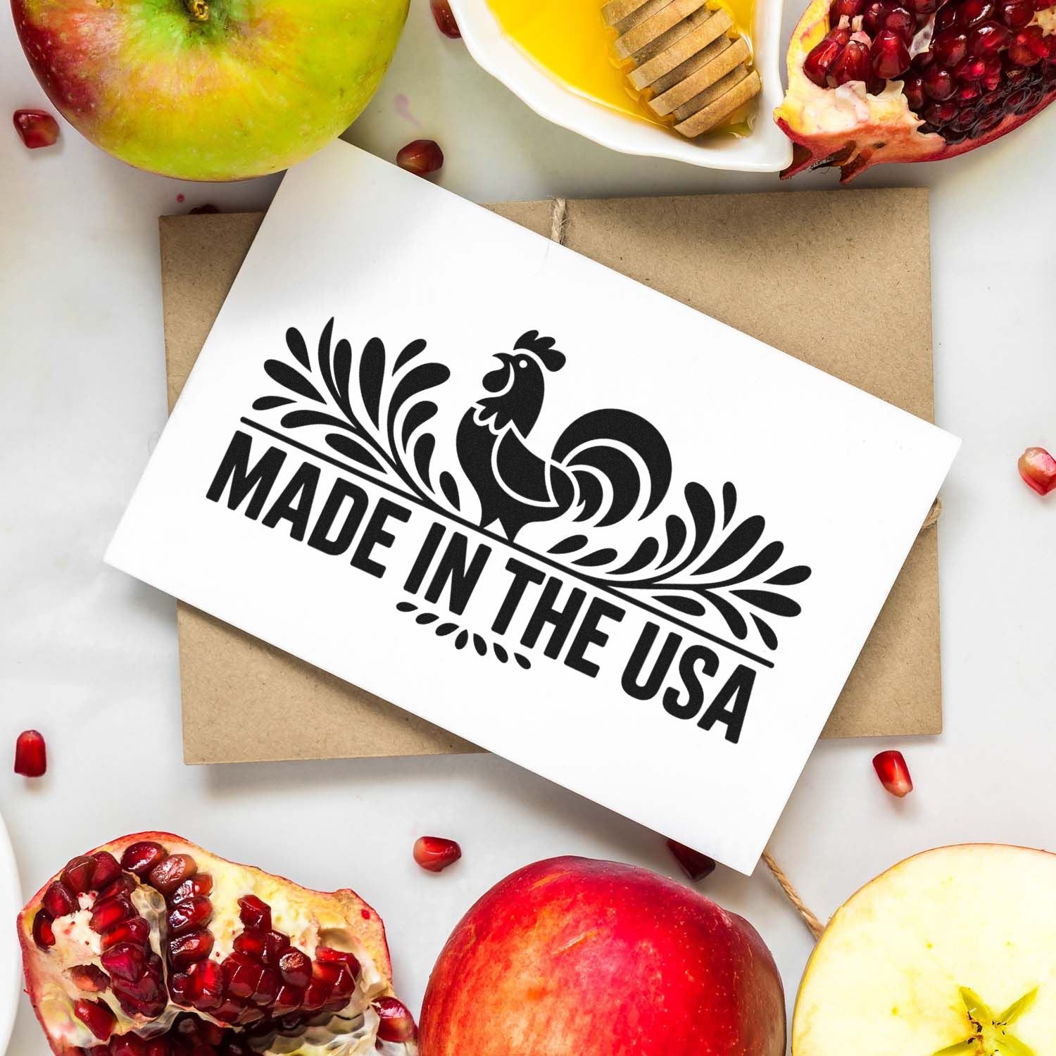 Made in the USA rubber stamp design with rooster icon, ideal for packaging, crafts, and patriotic product labeling.