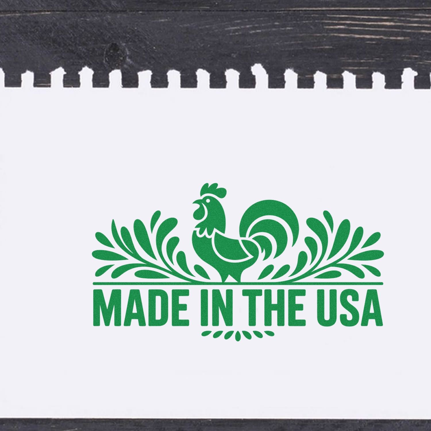 Custom Made in the USA rubber stamp with rooster design for product packaging and branding.