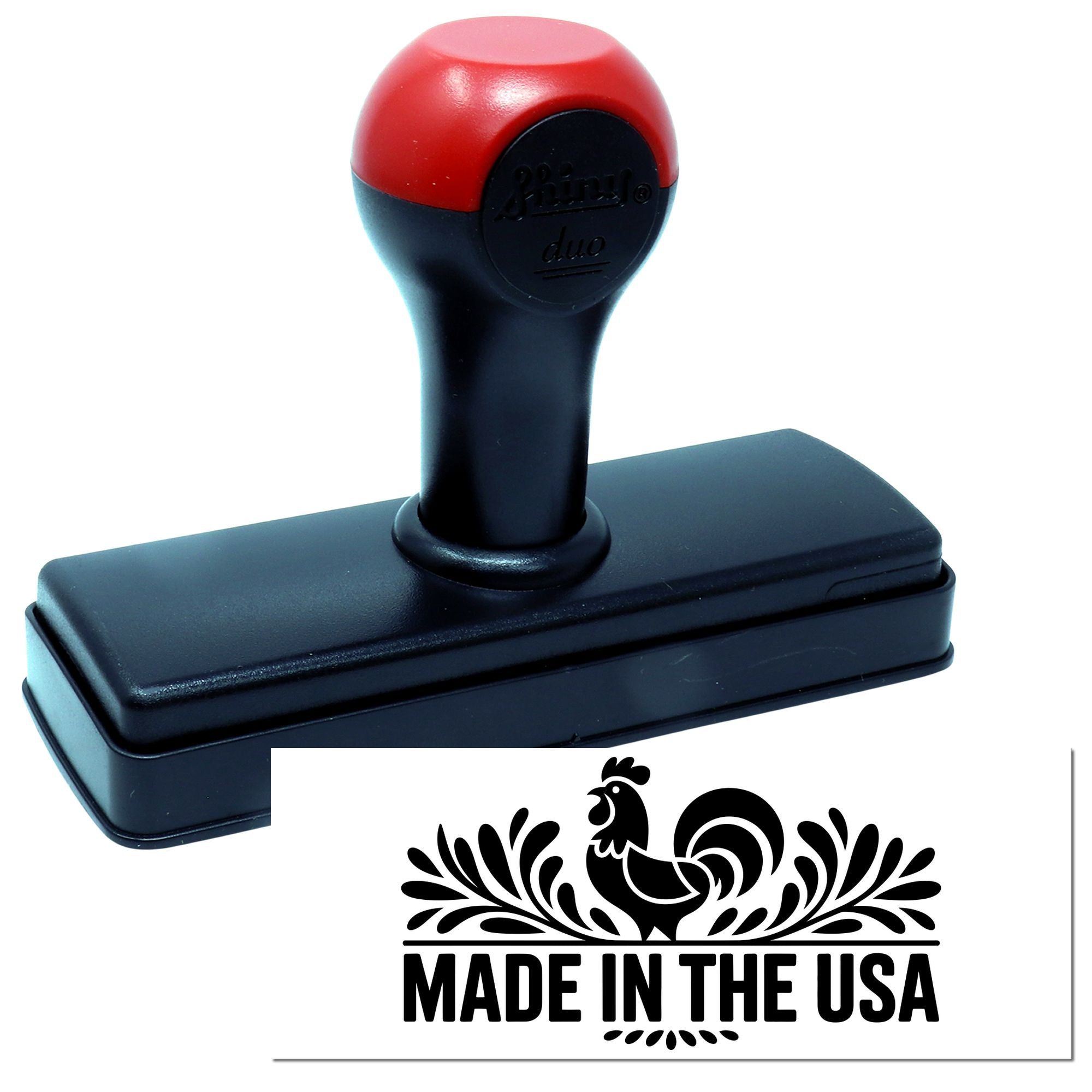 Self-inking rubber stamp with Made in the USA rooster imprint for product labeling and packaging.