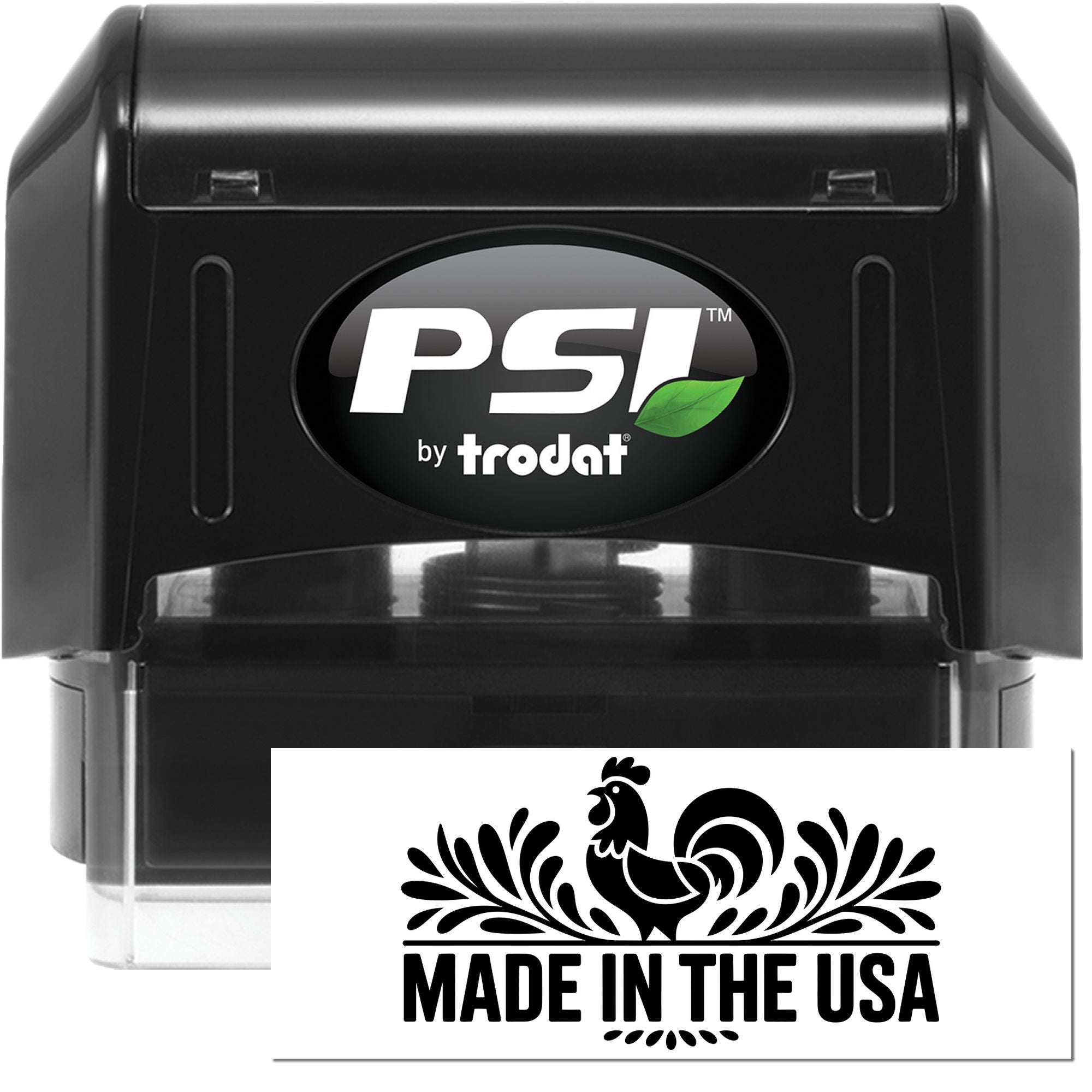 PSI by Trodat self-inking rubber stamp with Made in the USA custom imprint for business branding.