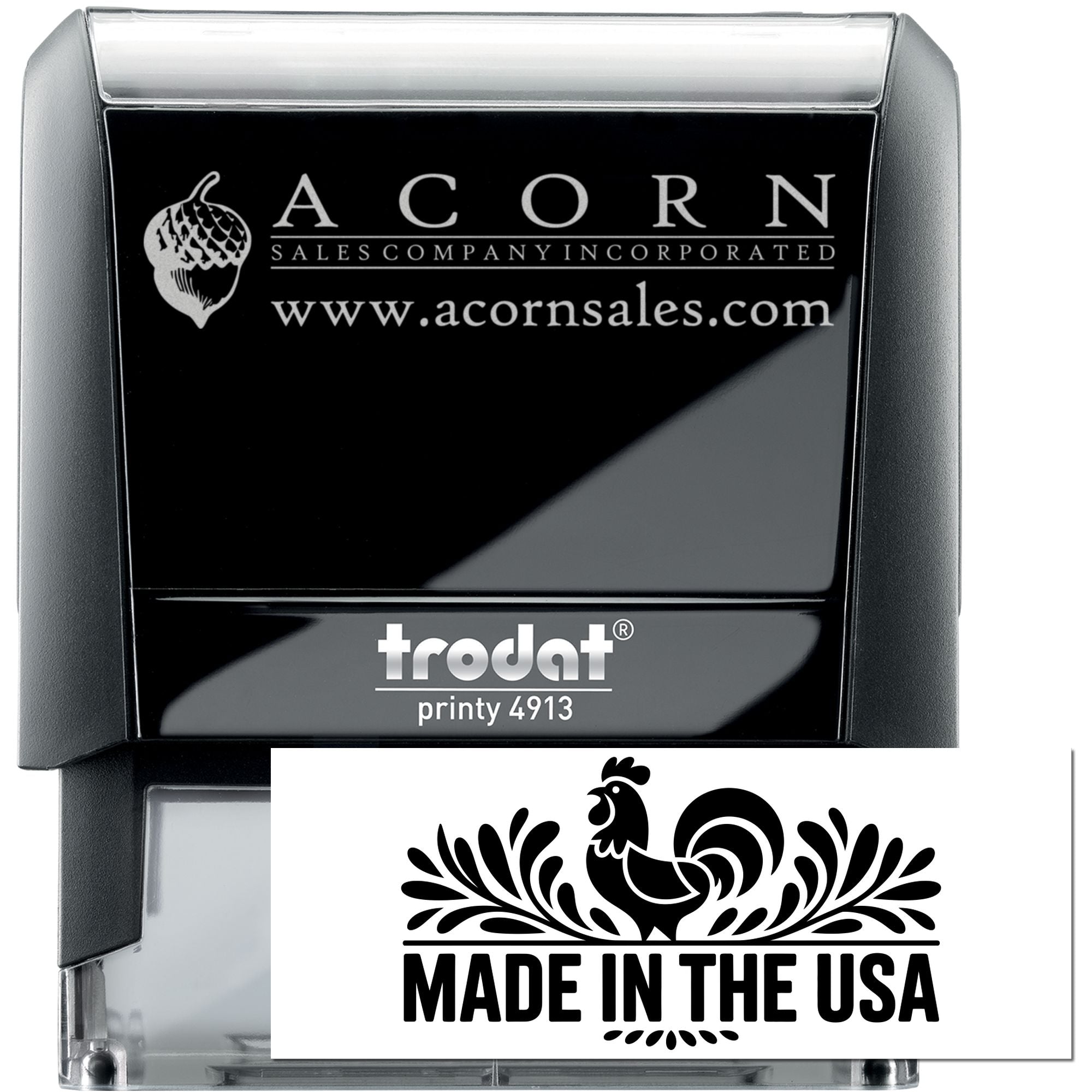 Trodat Printy 4913 custom self-inking rubber stamp with Acorn Sales logo and Made in the USA imprint.