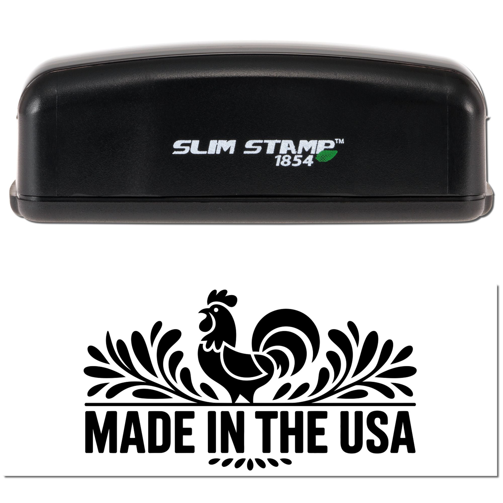 Slim Stamp 1854 self-inking rubber stamp with Made in the USA rooster design for patriotic product marking and packaging.