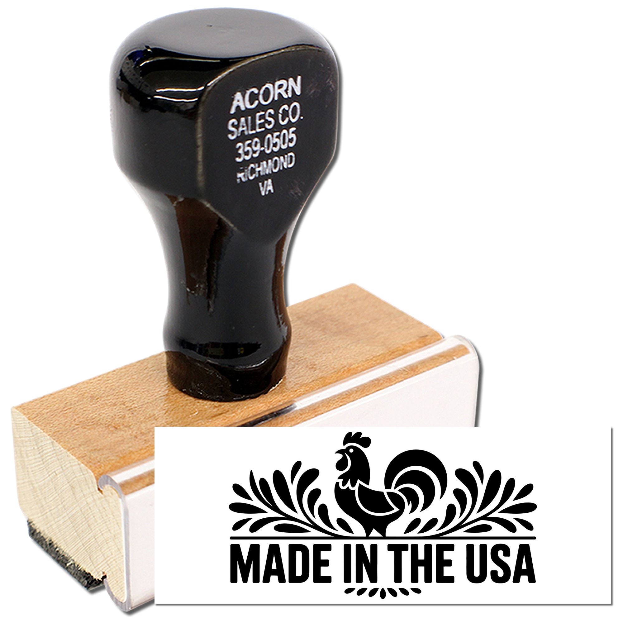 Custom wood handle rubber stamp with Made in the USA rooster design for business branding and packaging.